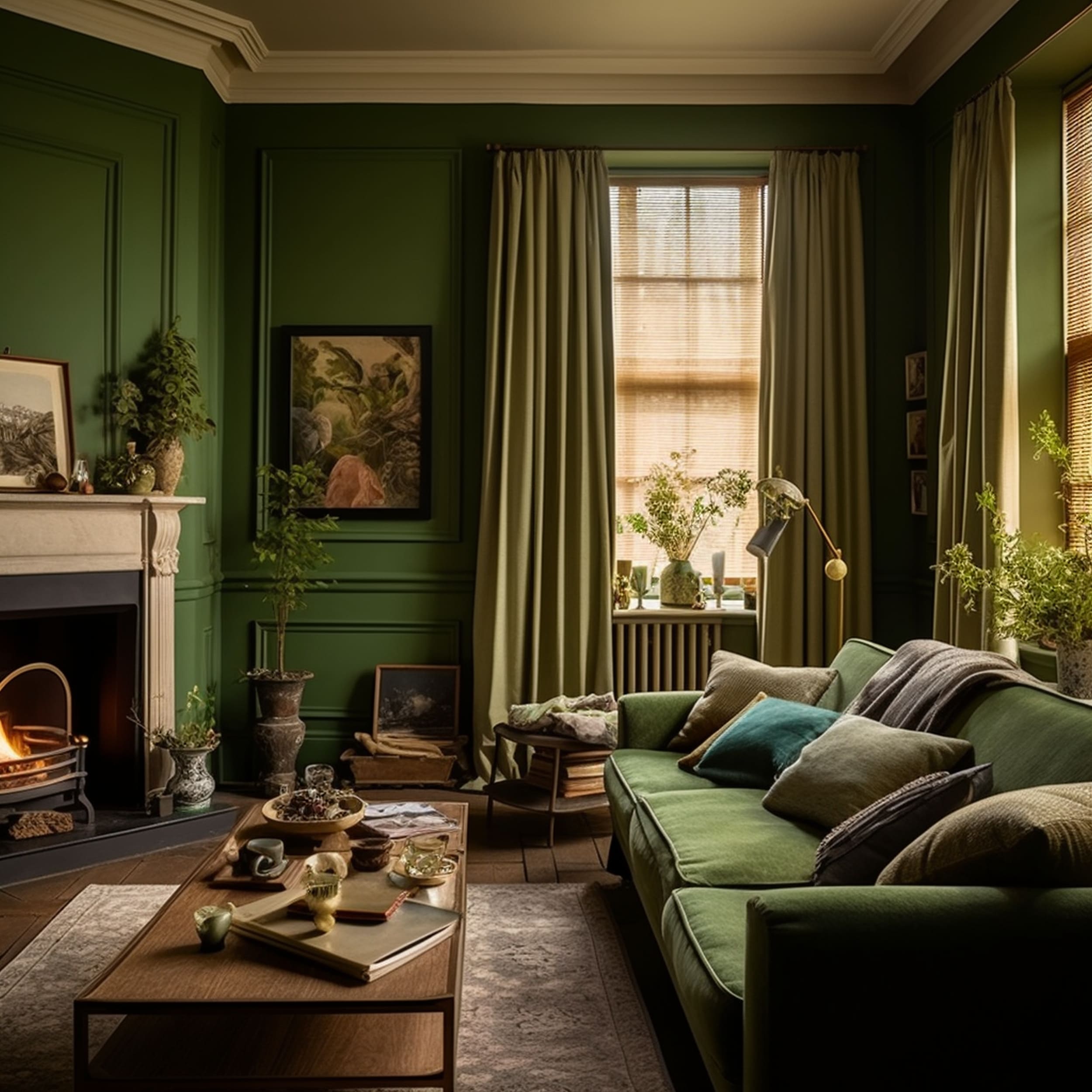Bedroom With Green Walls and Green Curtains
