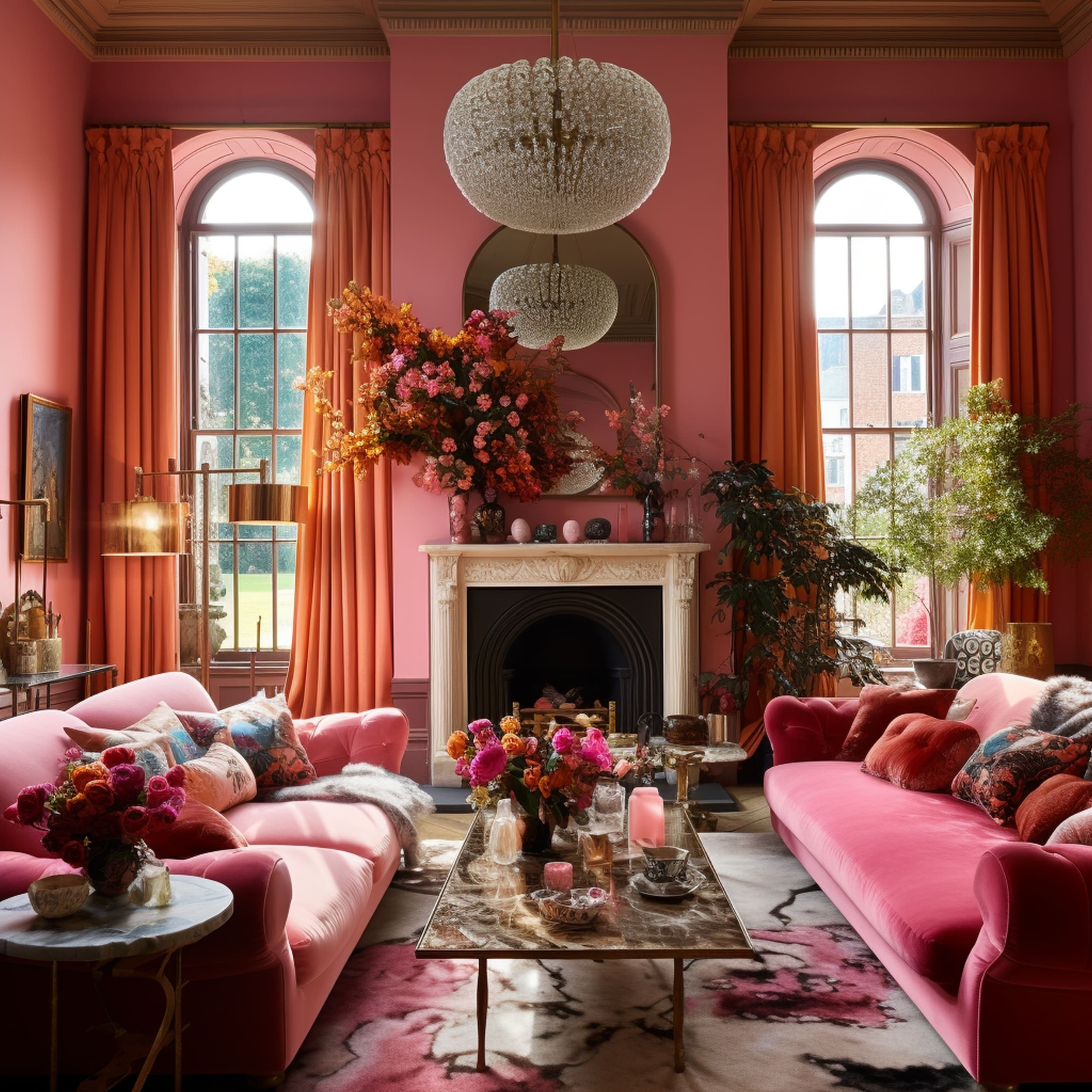 Bedroom With Pink Walls and Orange Curtains