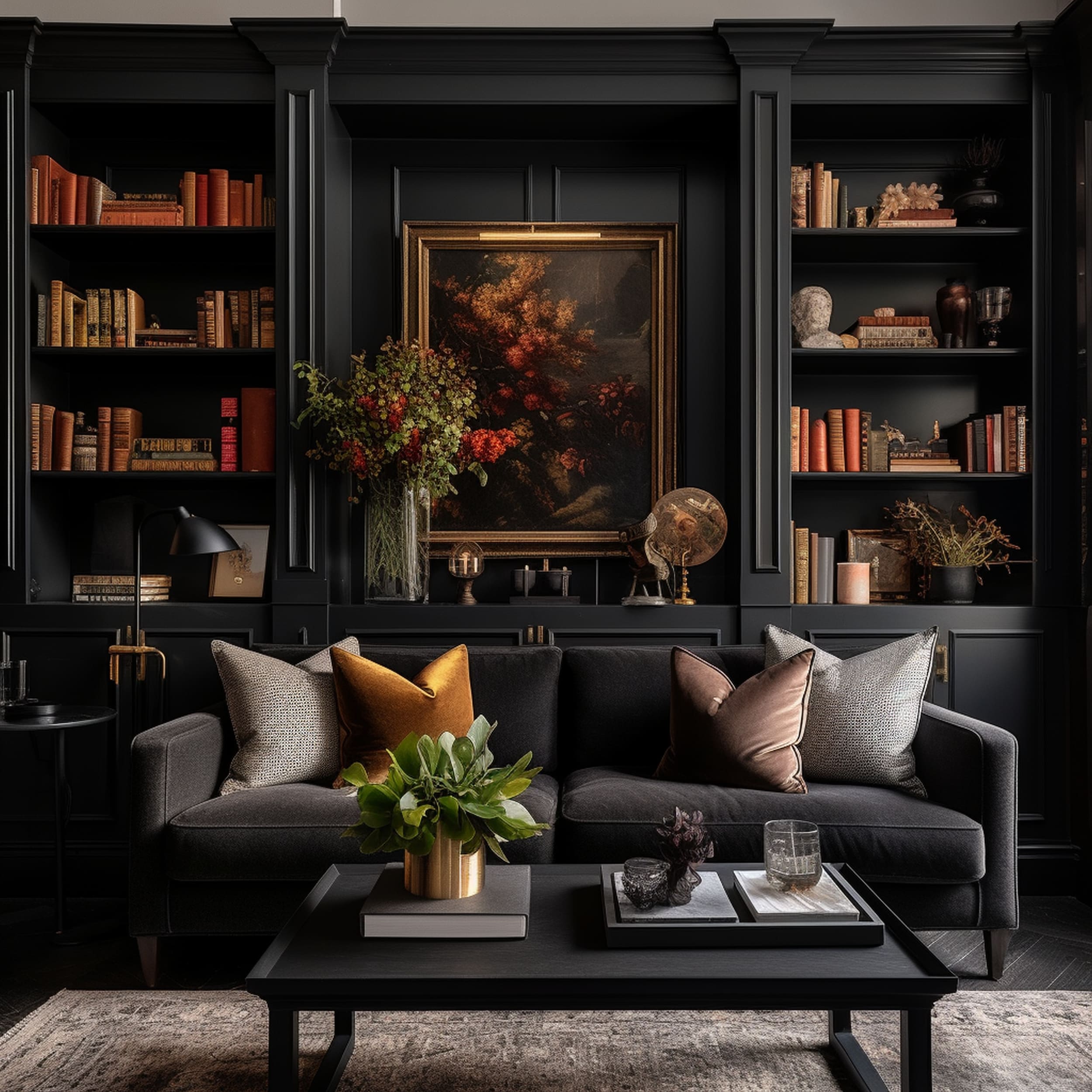 Black Sofa With Black Bookcase