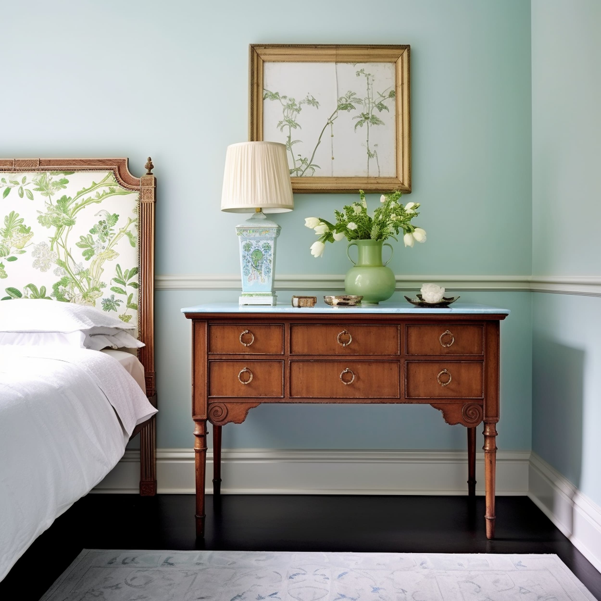 Elegant Bedroom With Light Blue Walls and Subtle Green Accents