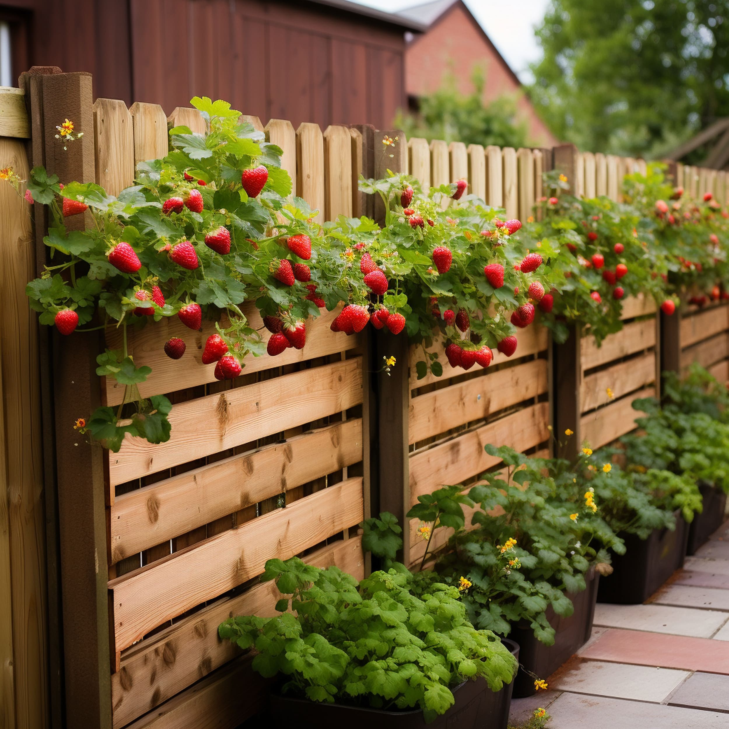Fence Planter With a Long Row of Strawberries