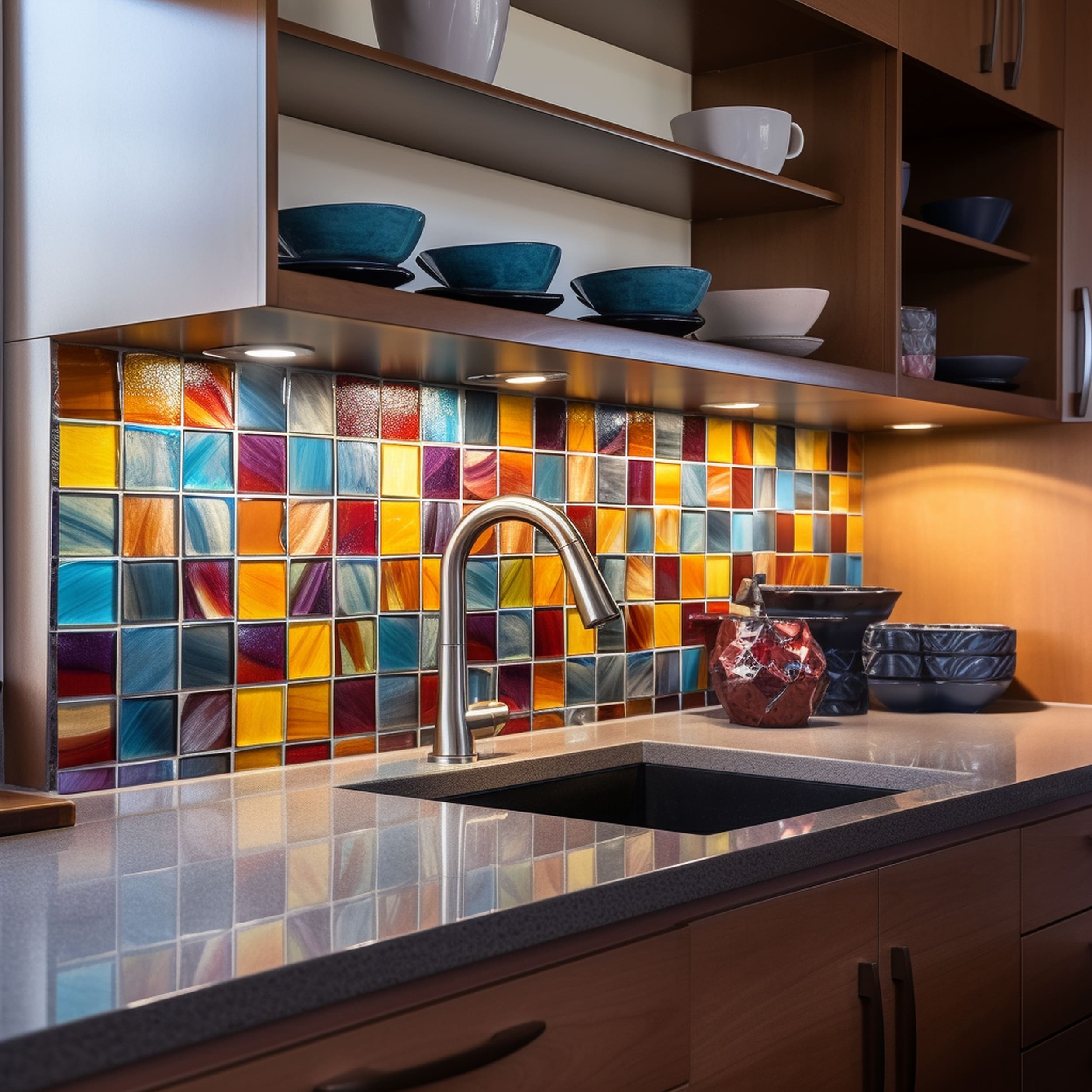 Kitchen With Colorful Mosaic Square Tile Backsplash