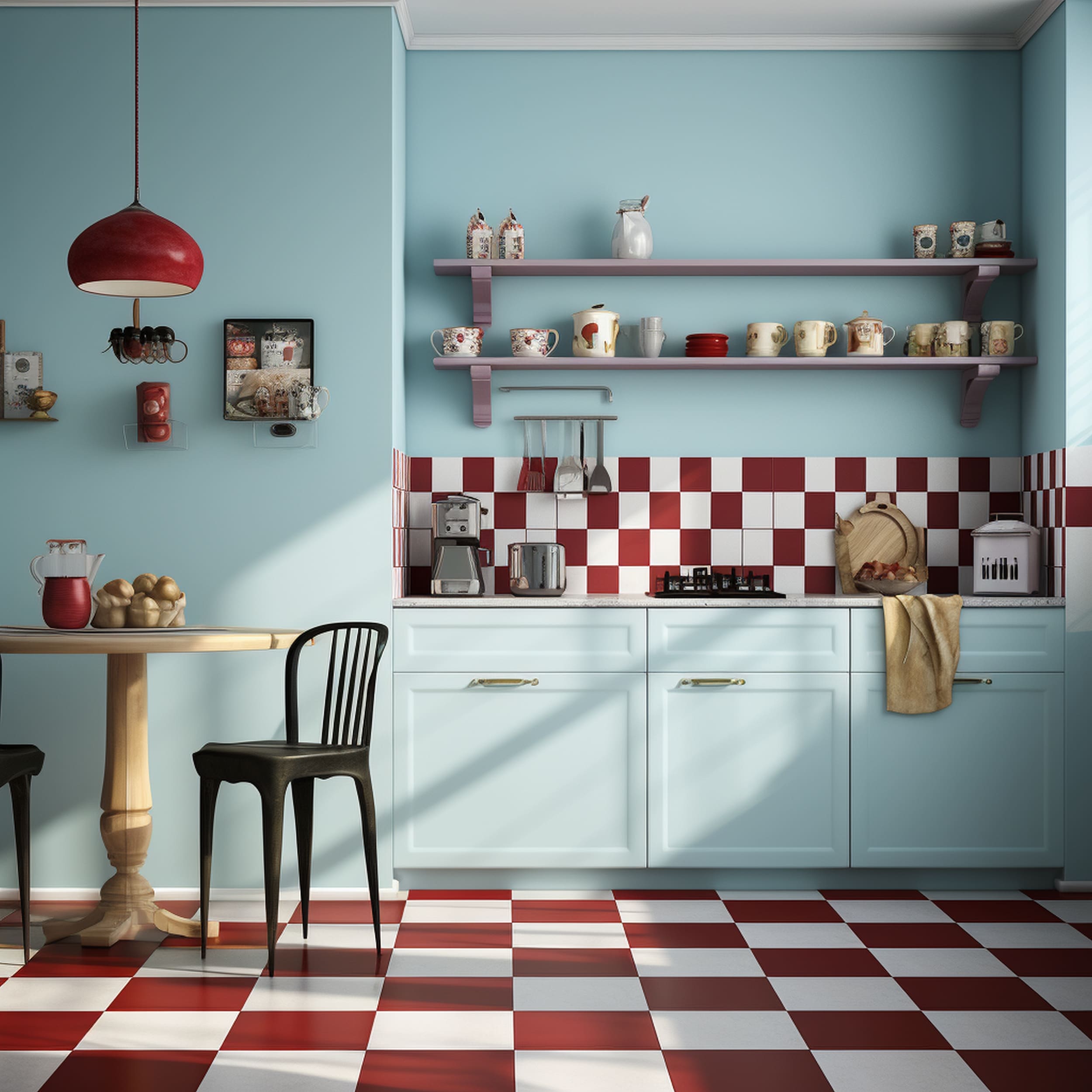 Pale Blue Kitchen With Burgundy Backsplash and Floor Tiles