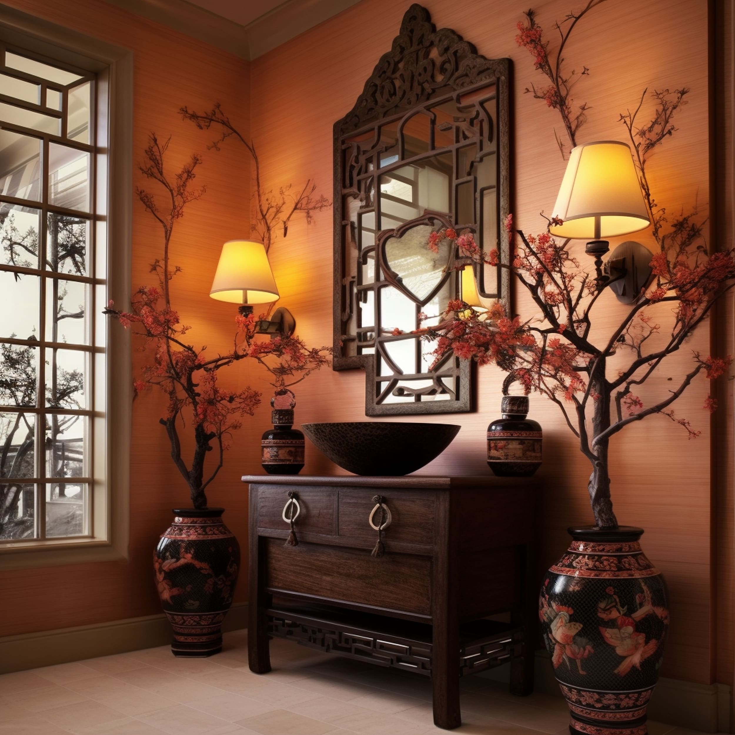 Asian Style Bathroom Vanity With Decorative Chinese Vases