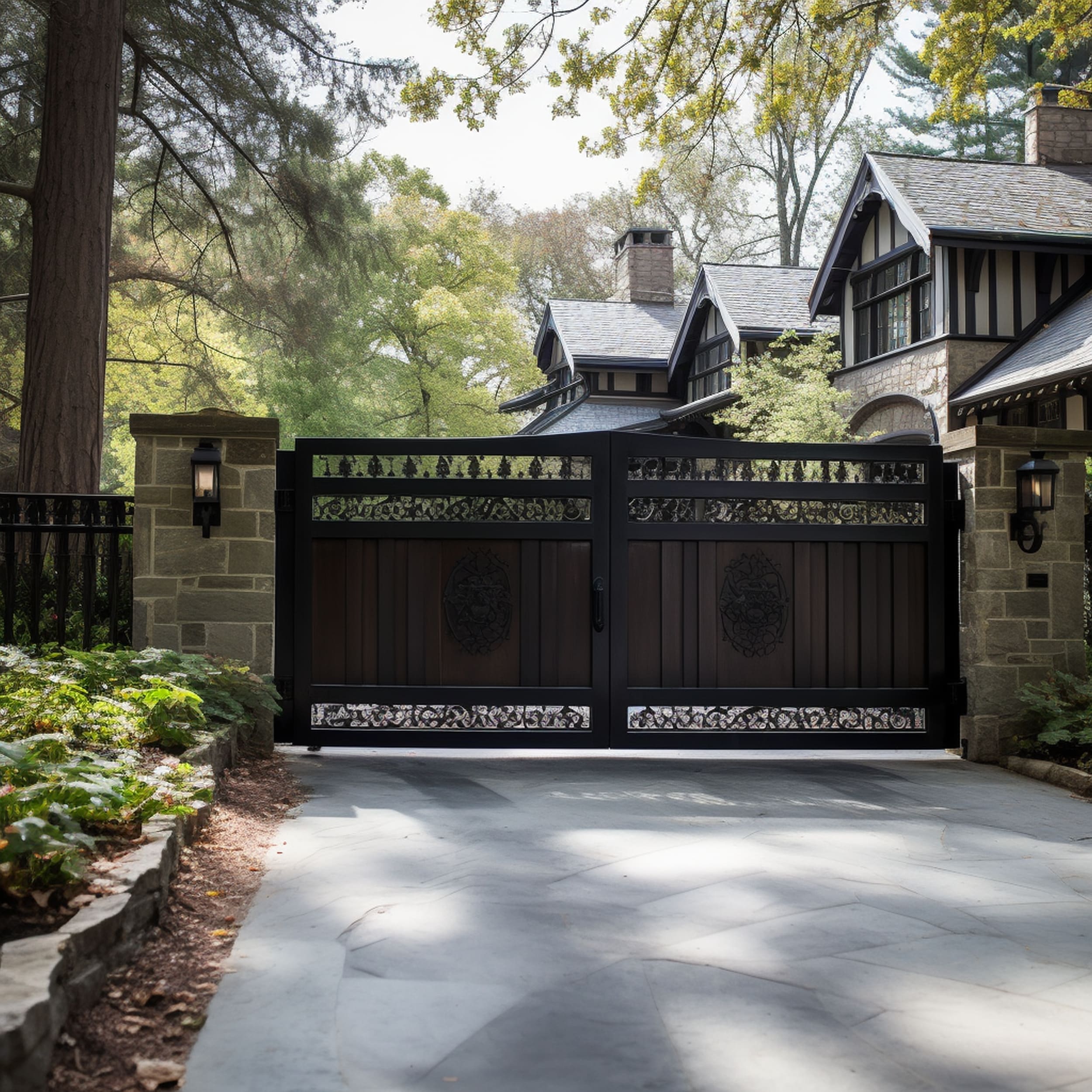 Black Driveway Gate With Illuminated Stone Posts