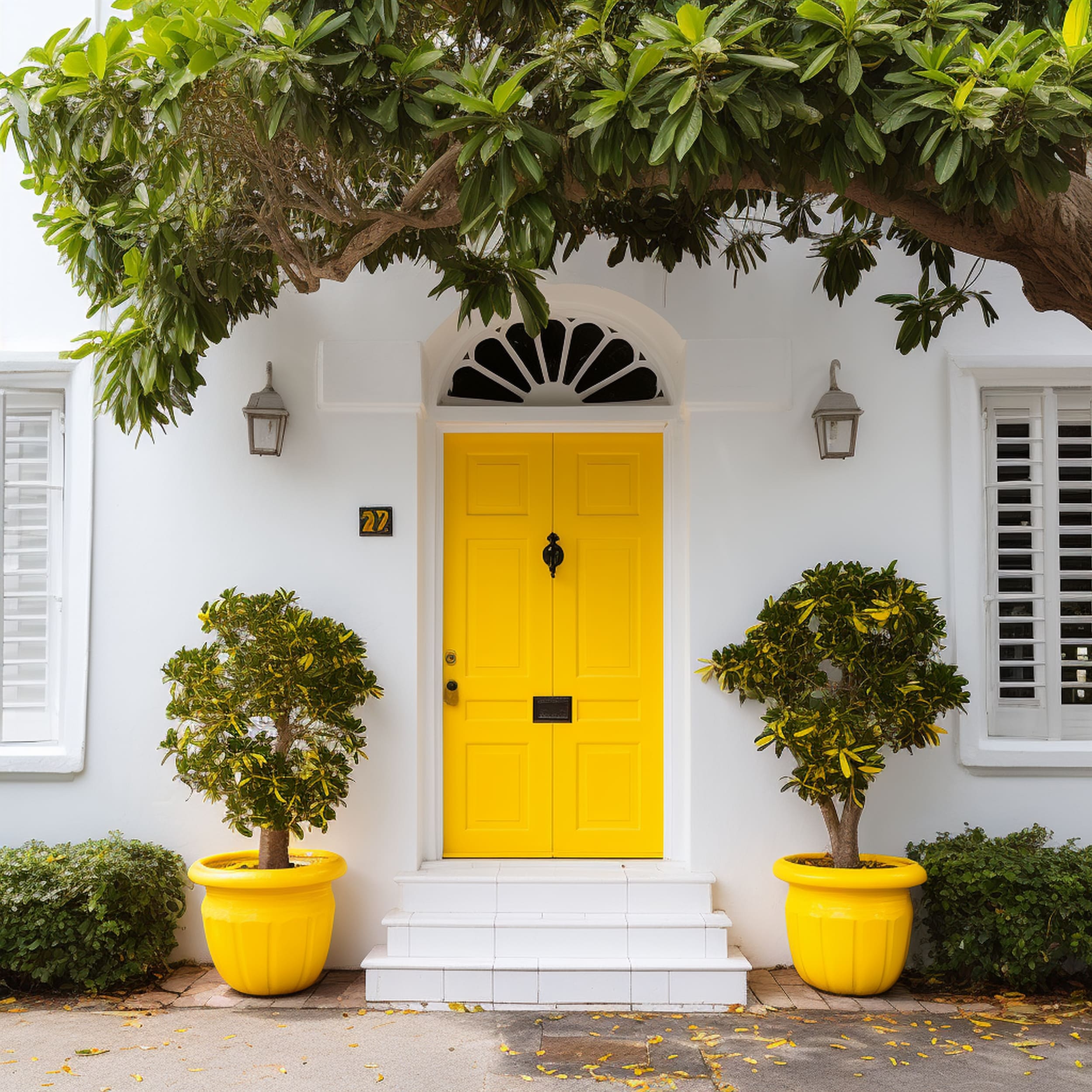 Bright Yellow Front Door on a White House