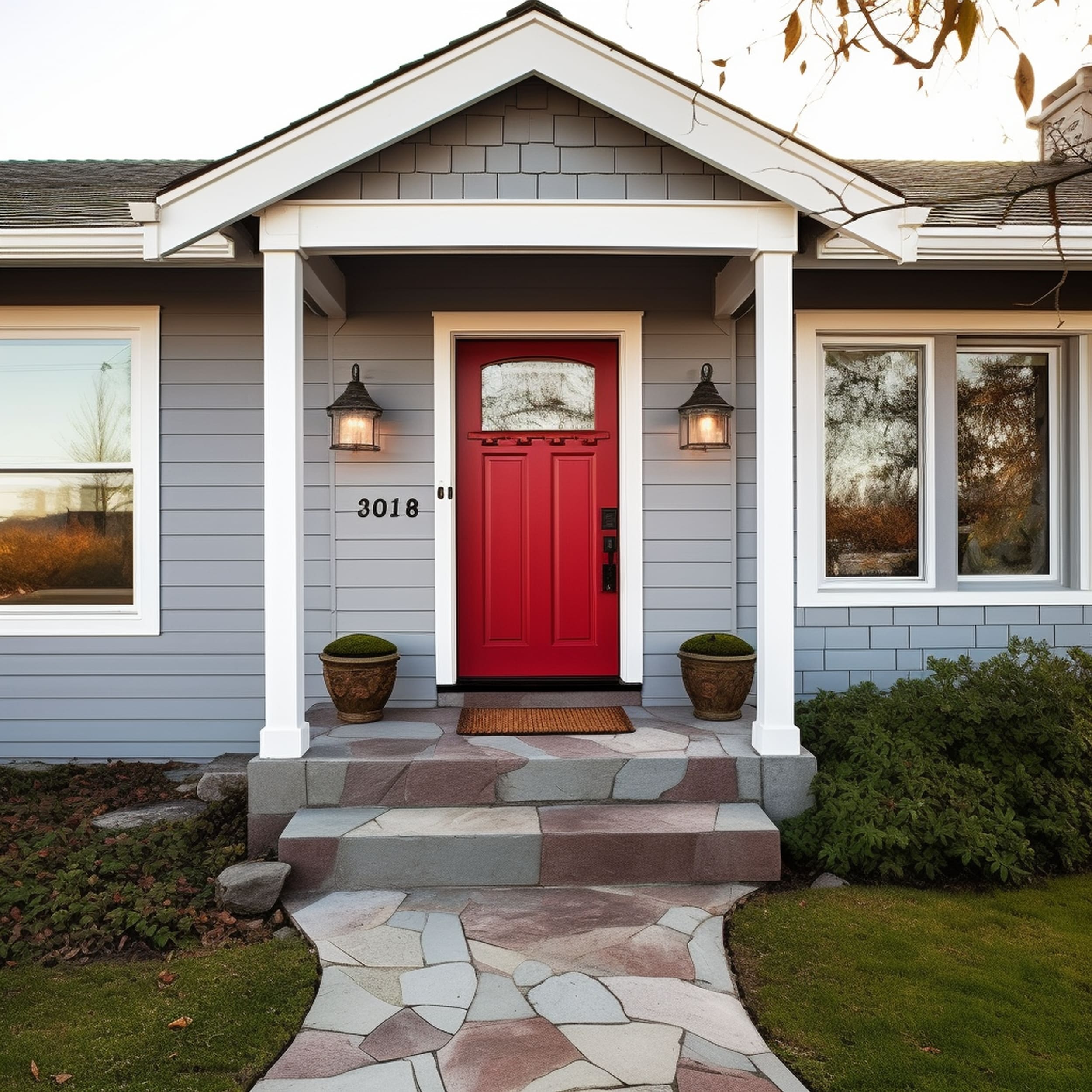 Red Front Door on a Gray House