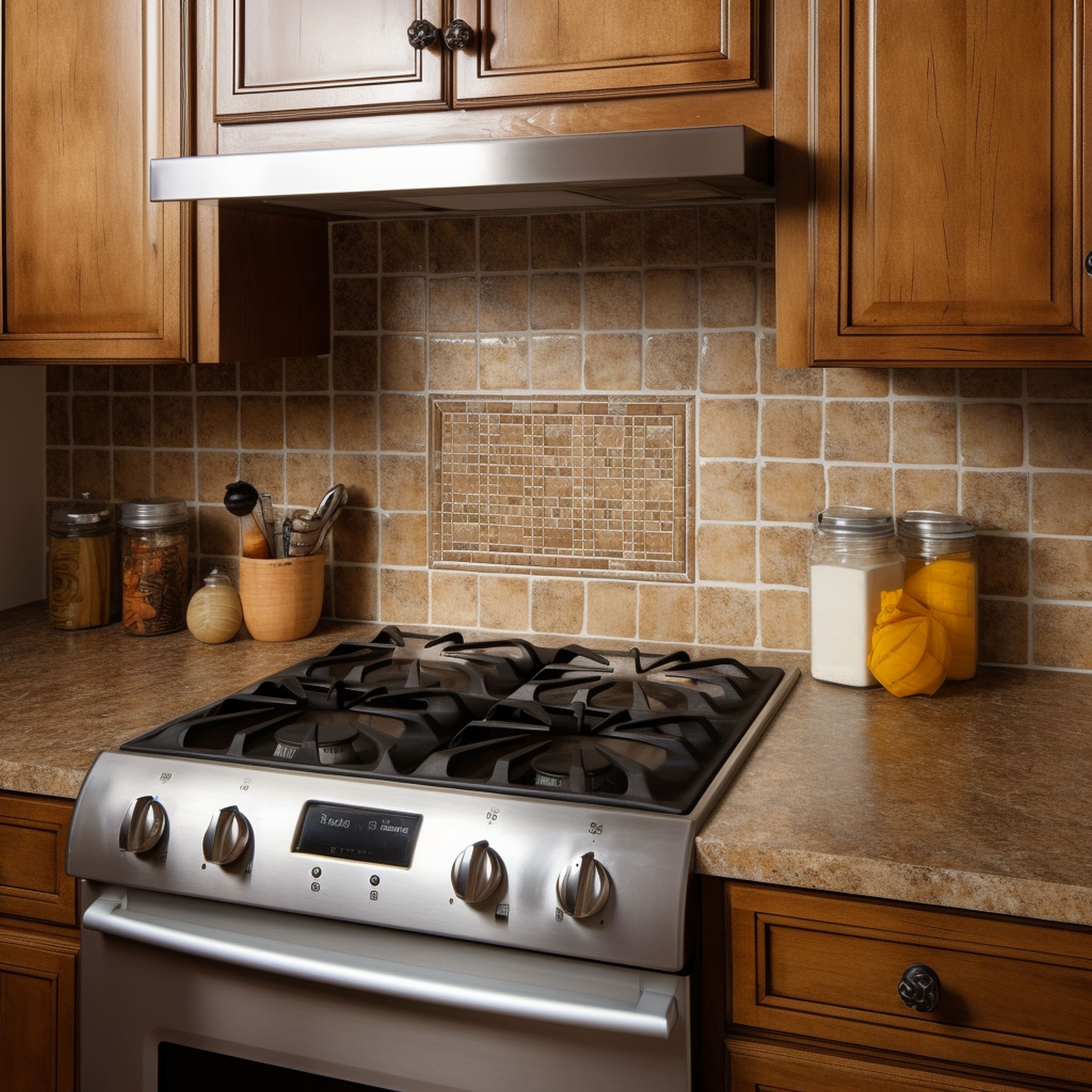 Rustic Kitchen With Brown Square Tile Backsplash