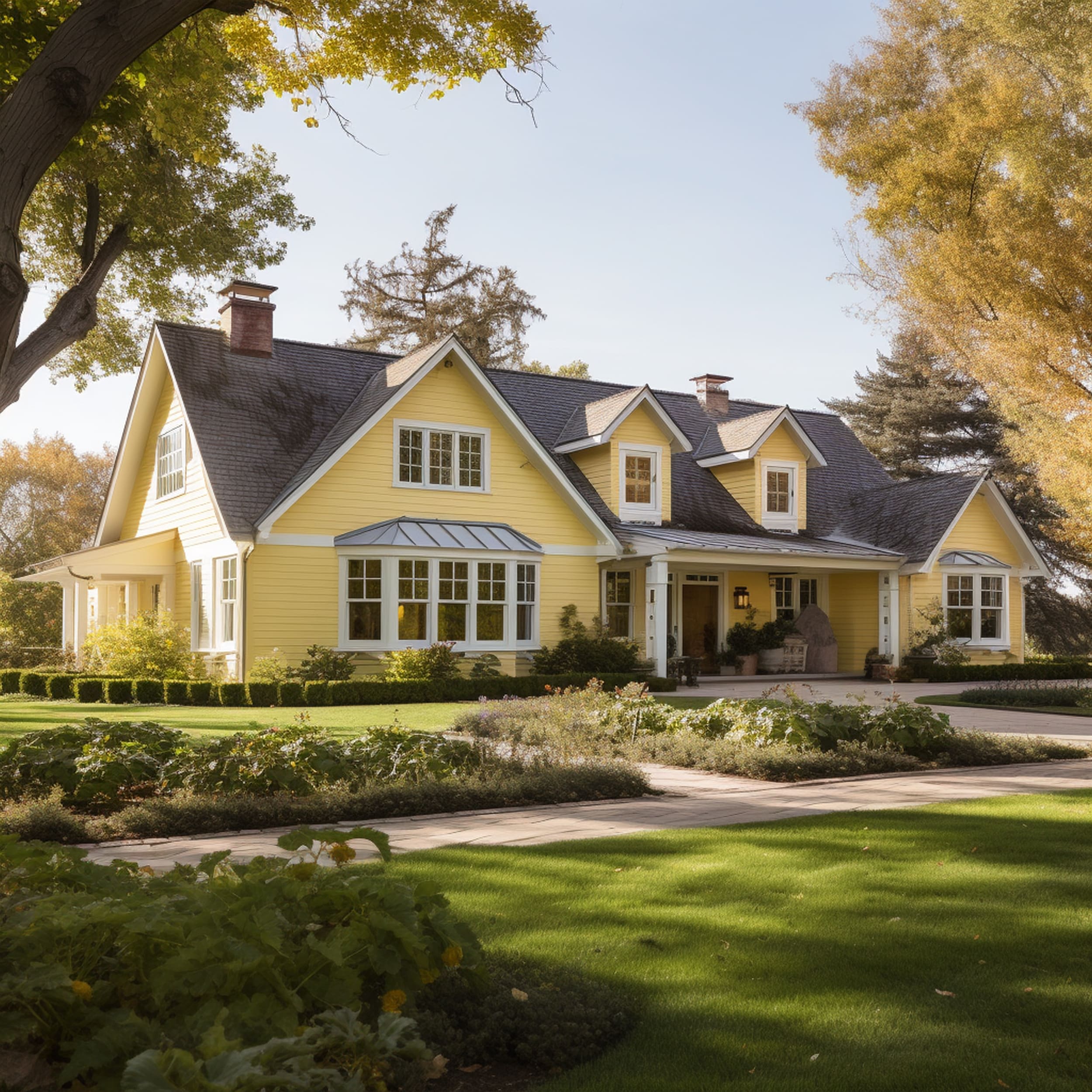 Pale Yellow Ranch House With a Dark Toned Roof