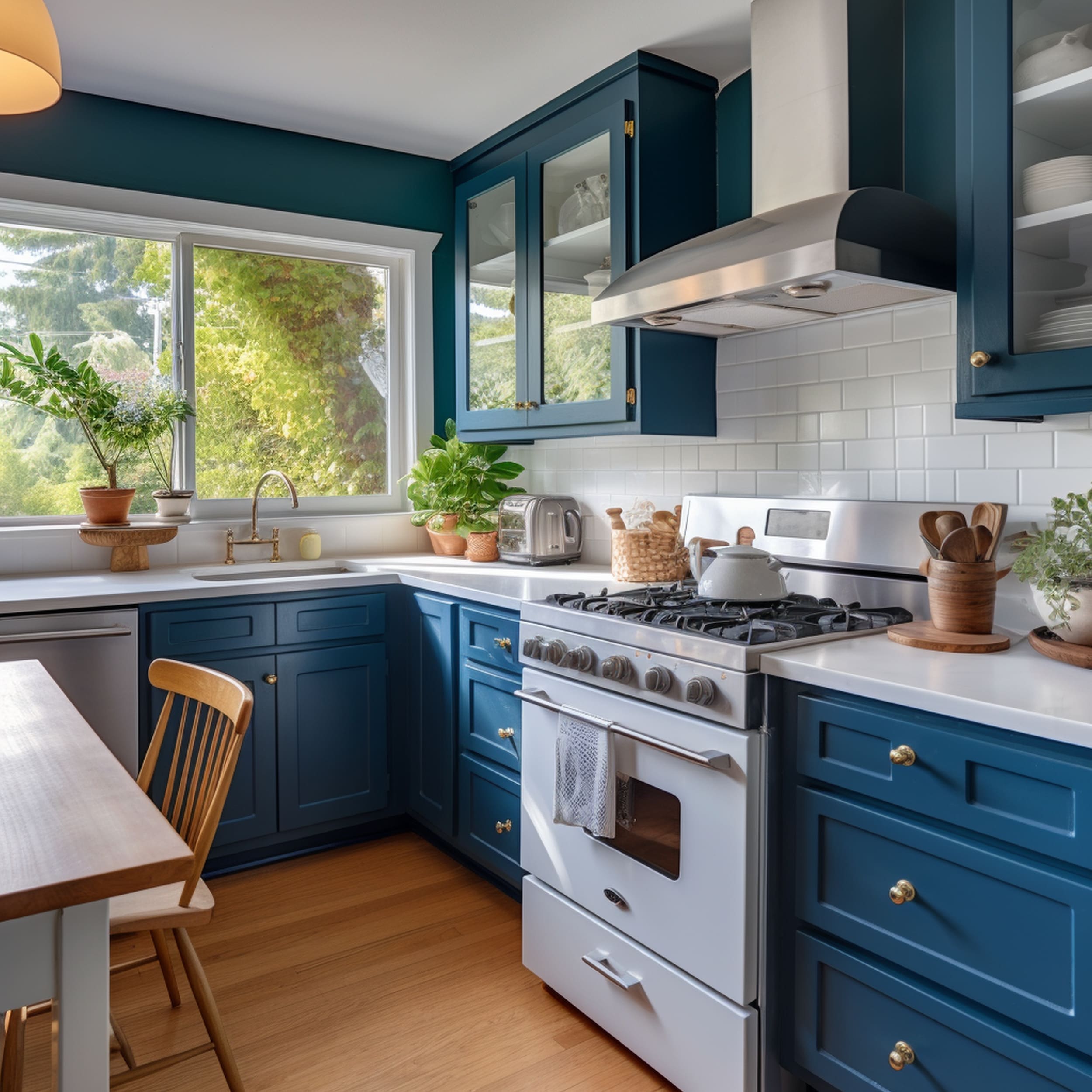 A Blue Kitchen With White Appliances