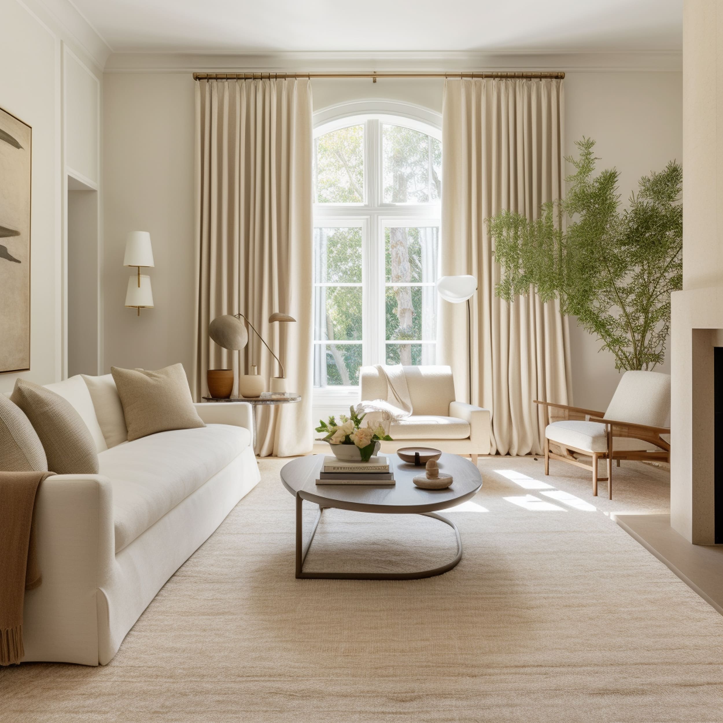 A Neutral Toned Living Room With Matching Curtains and Rug