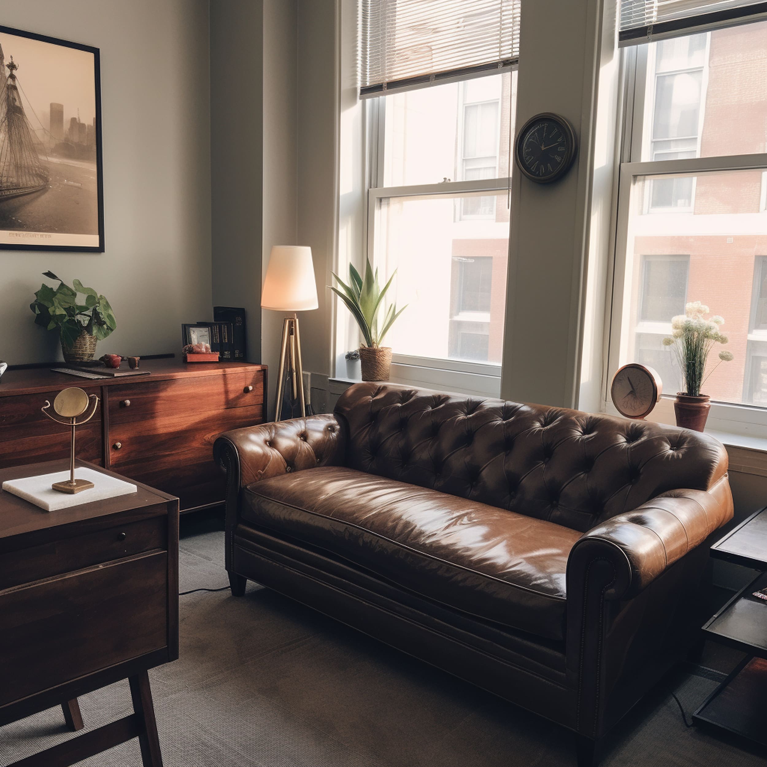 A Small Office Containing a Leather Couch