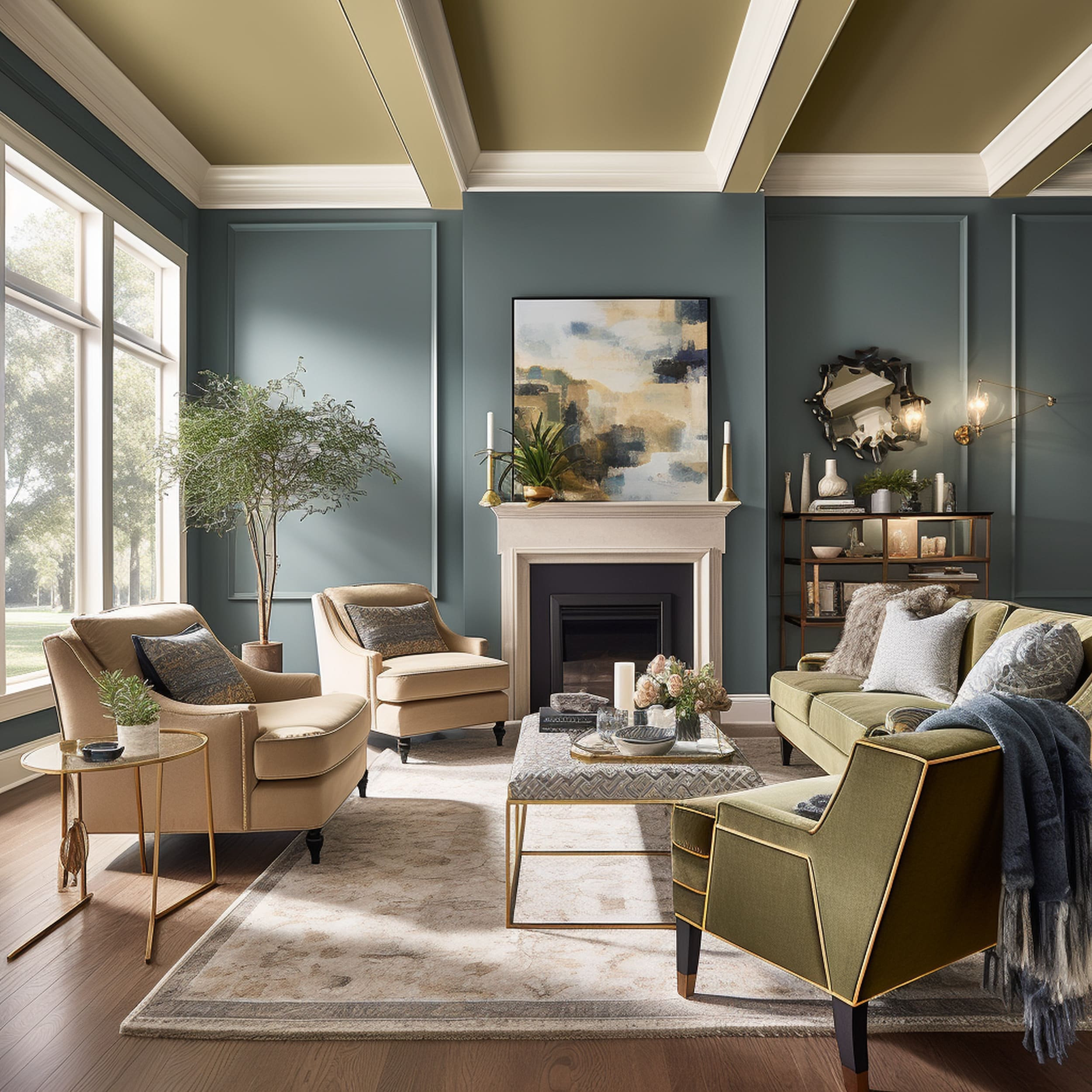 A Blue Living Room With Olive Green Furniture and Painted Ceiling