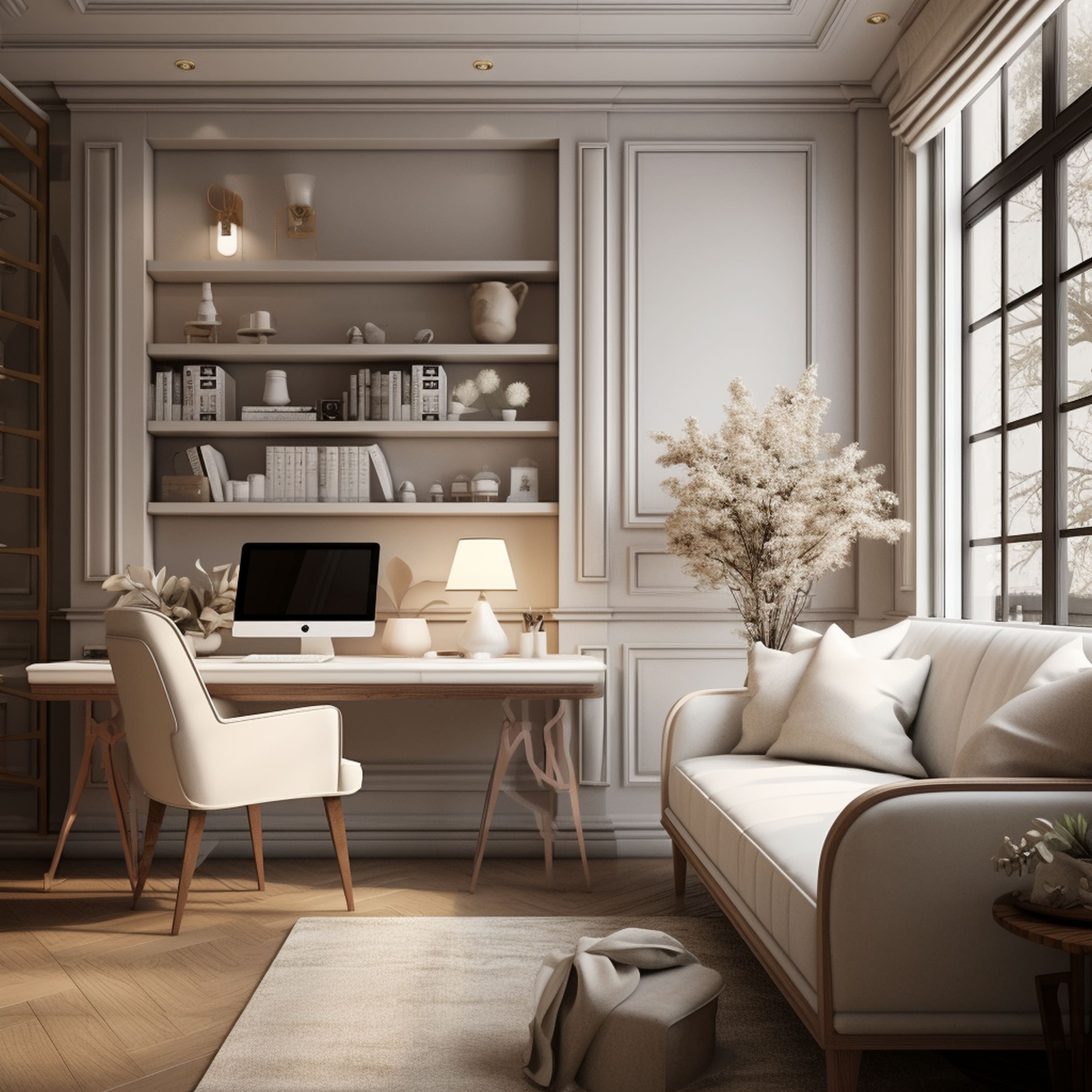 A Home Office Containing a White Couch