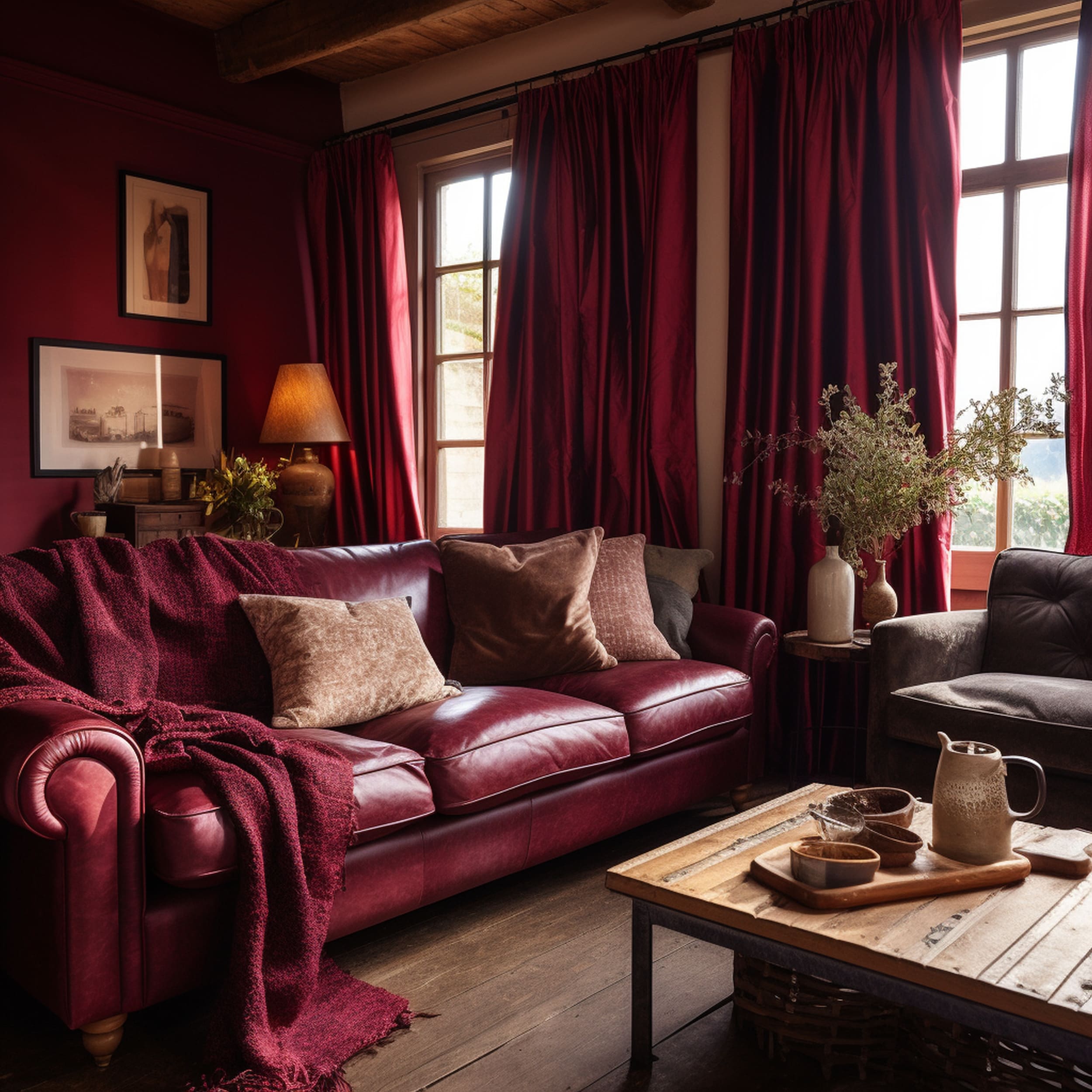 A Rustic Living Room With Matching Pink Curtains and Sofa