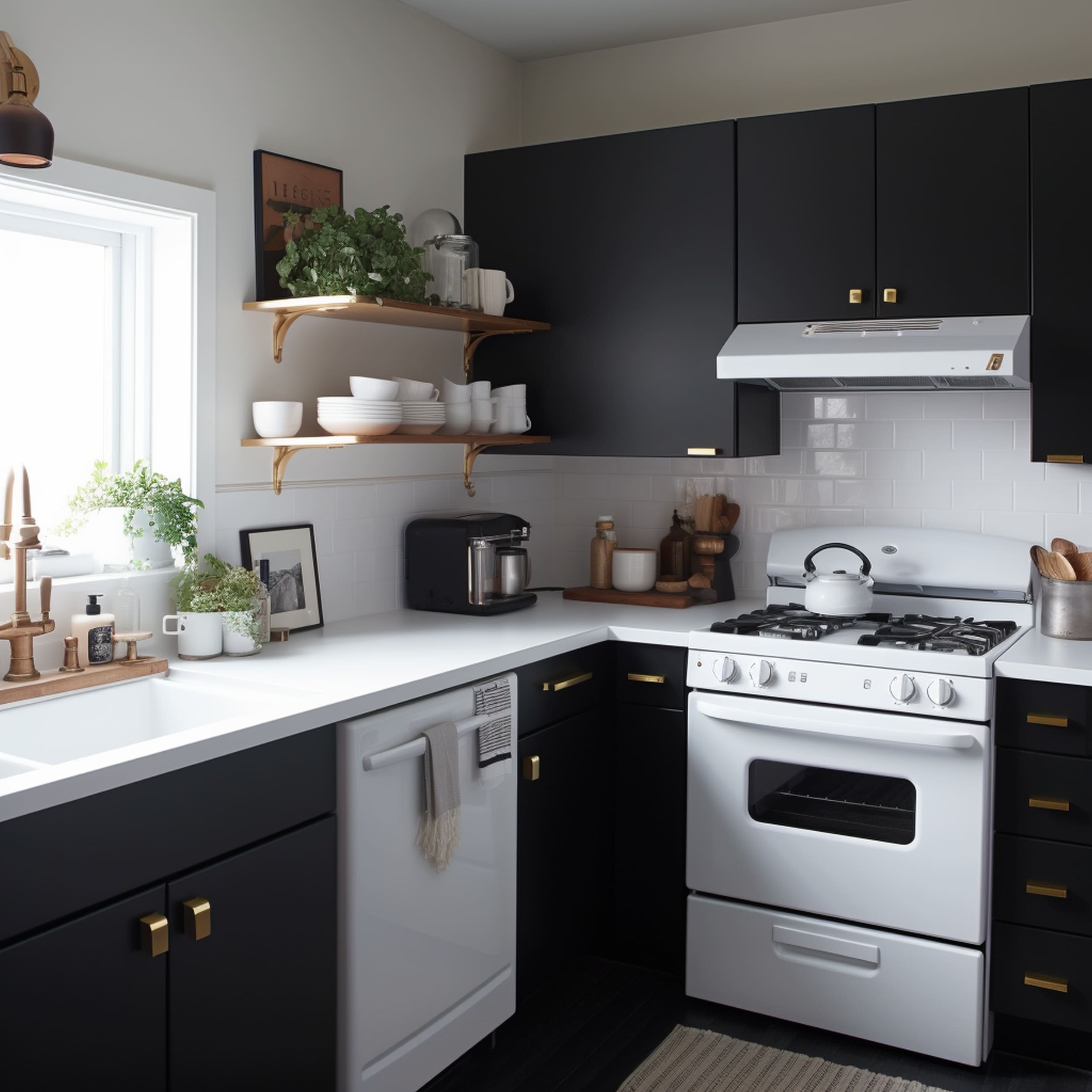 A Black Kitchen With White Appliances