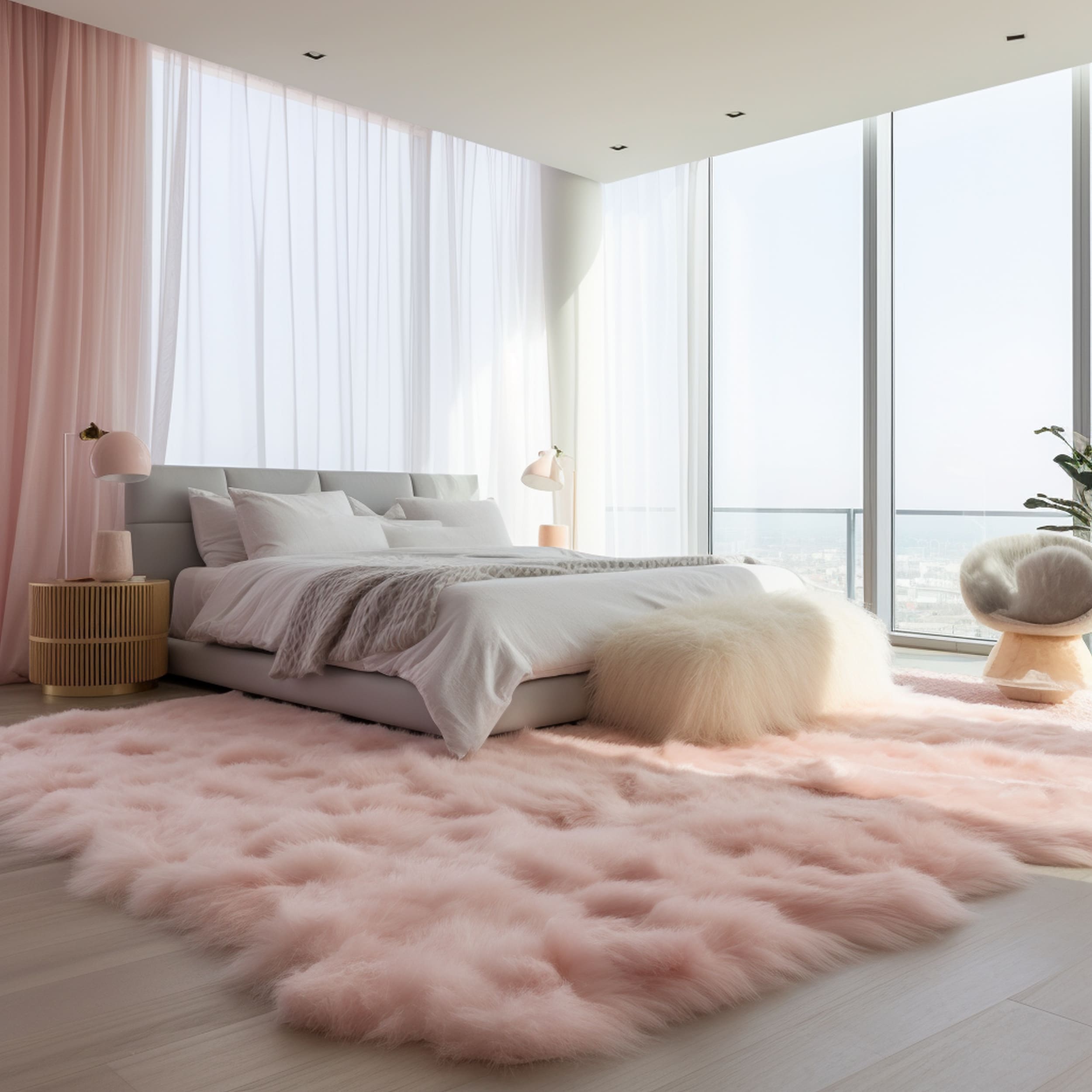 A Pink Bedroom With Pink Curtains and a Fluffy Rug