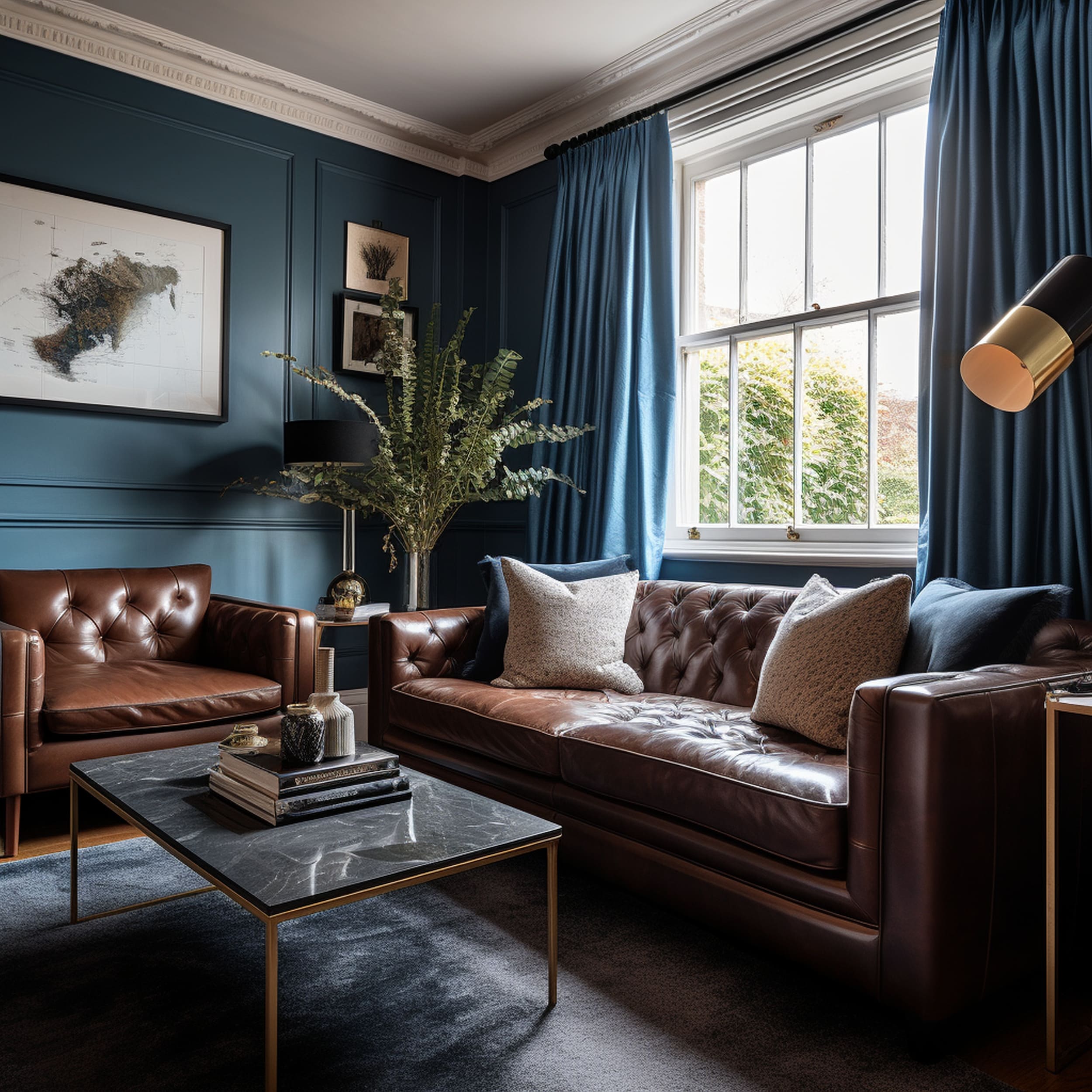 An Elegant Living Room With Blue Curtains and a Brown Leather Sofa