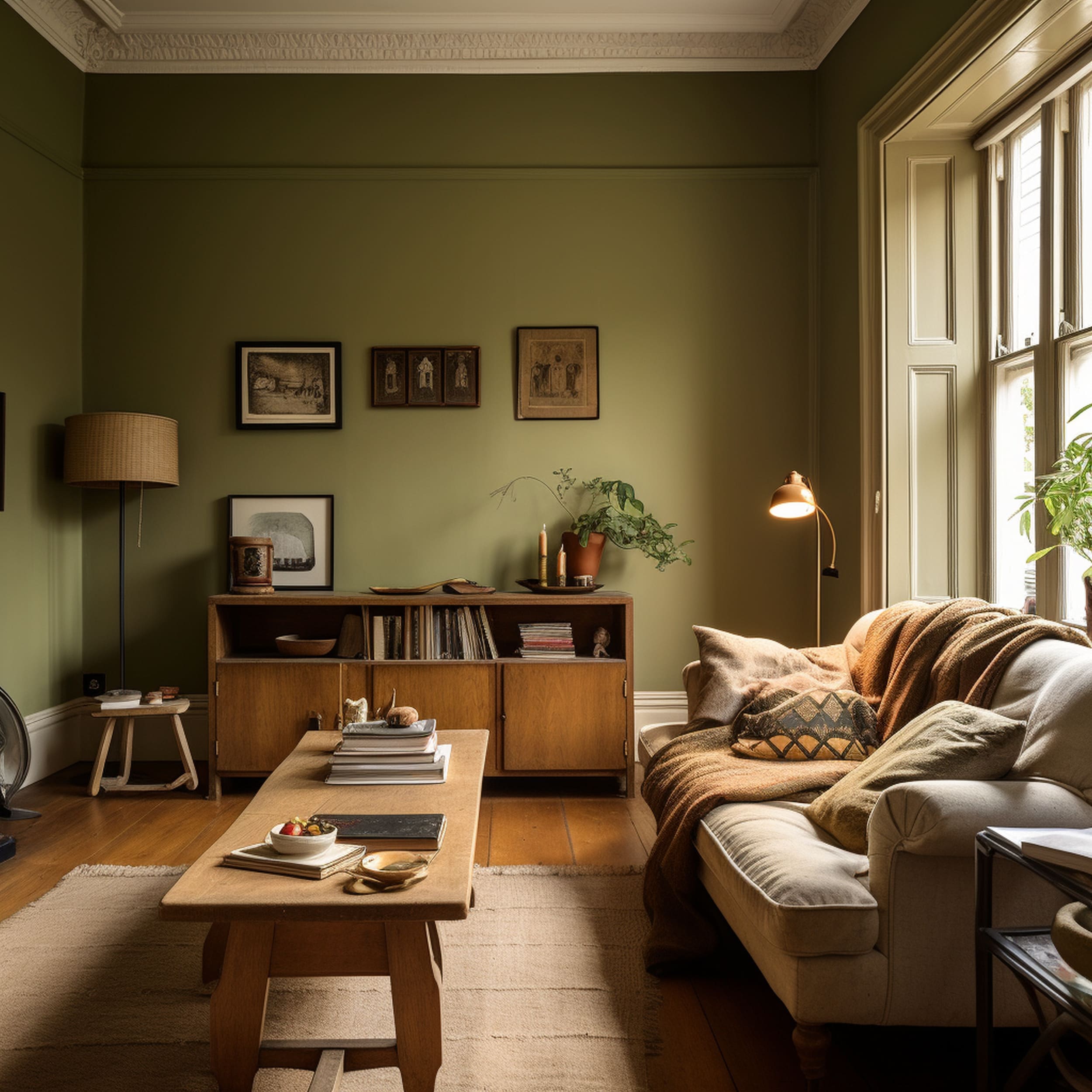 An Olive Green Living Room With Wood Furniture