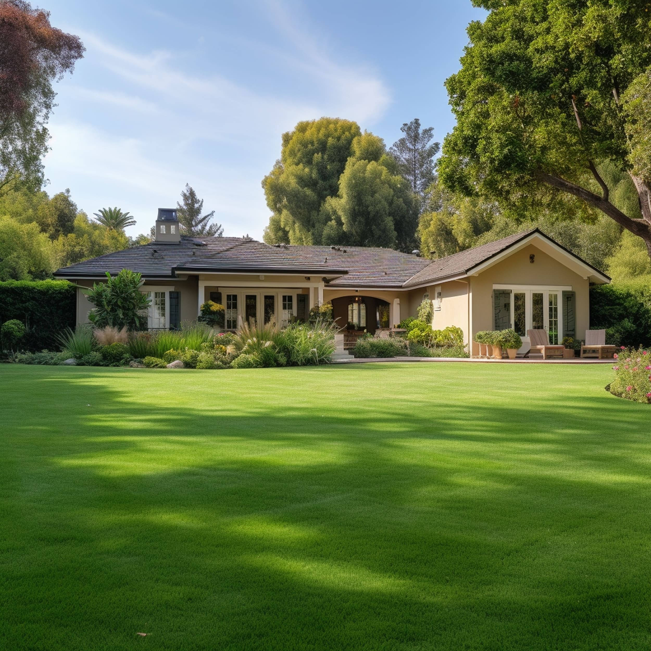 Beige Ranch House With Large Well Kept Lawn
