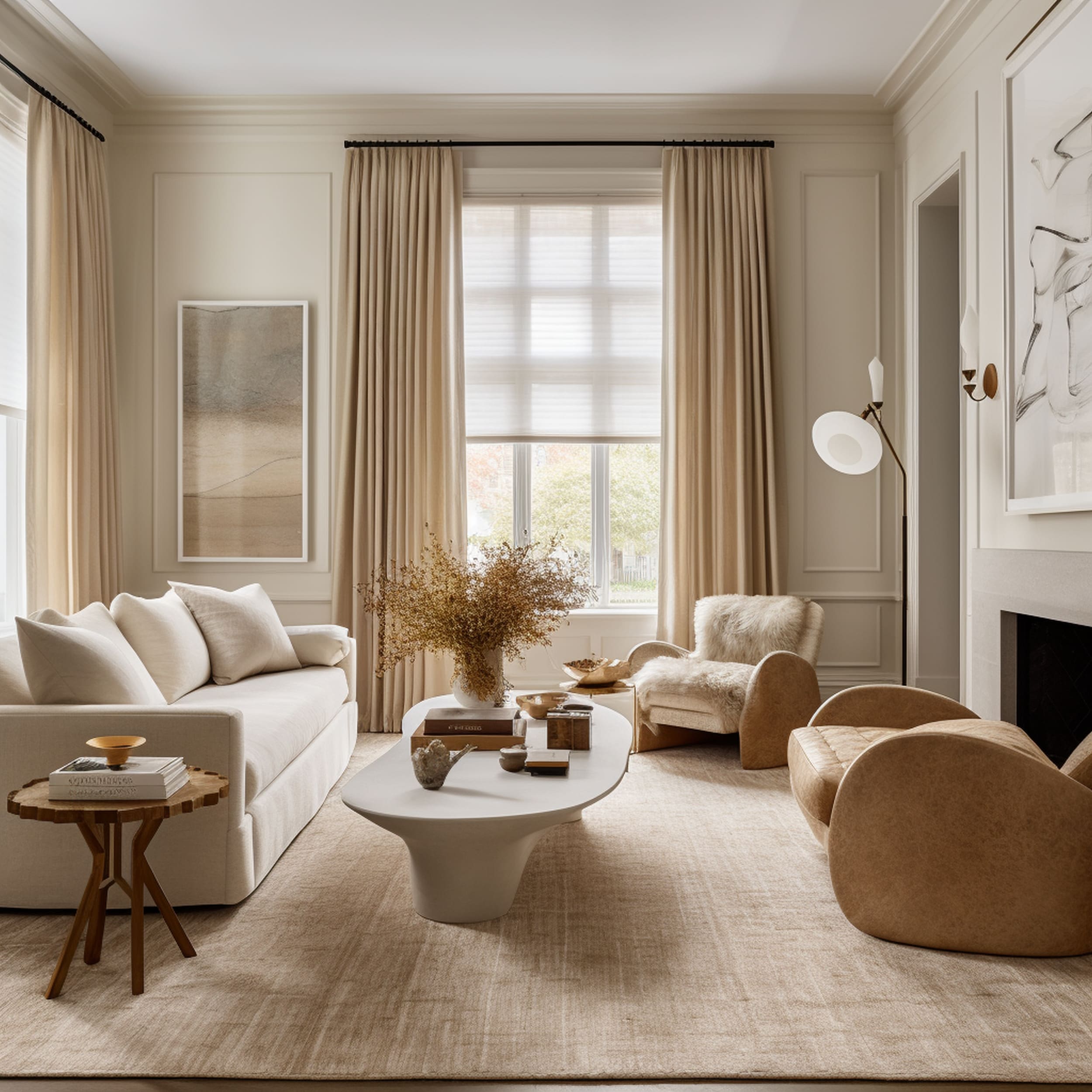 A Neutral Toned Living Room With Long Beige Curtains