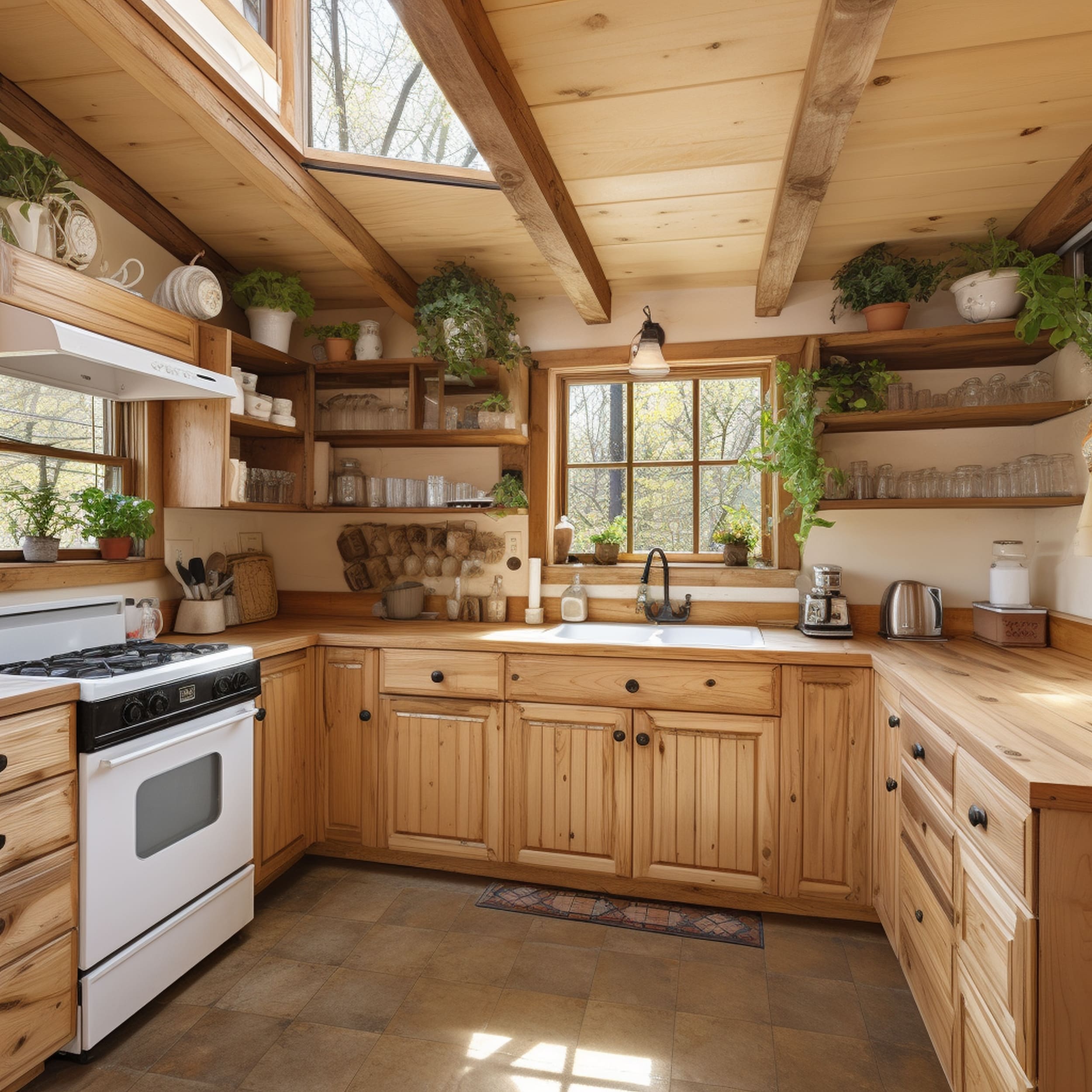 A Rustic Kitchen With White Appliances and Natural Wood Cabinets