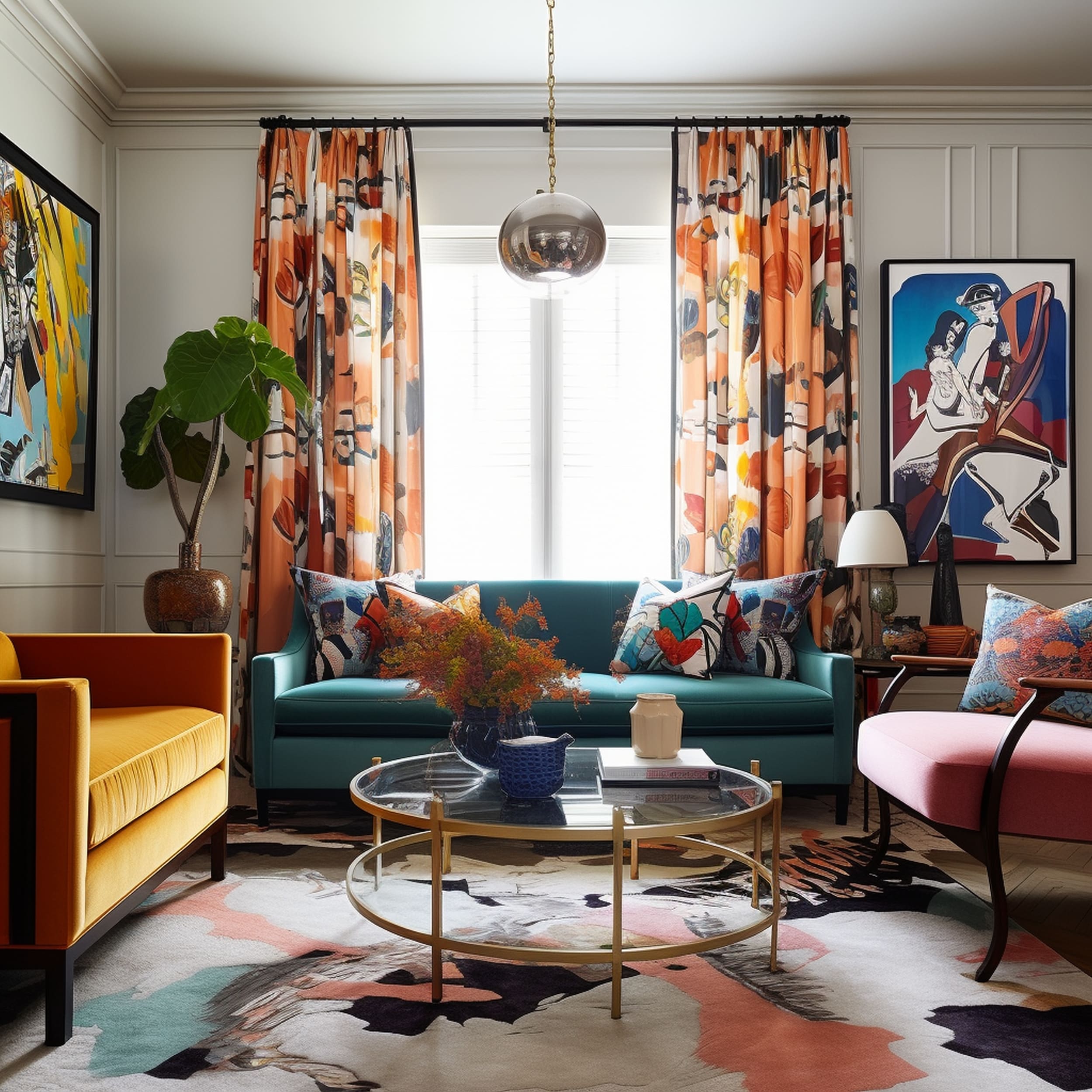 An Eclectic Living Room With a Blue Sofa and Colorful Patterned Curtains