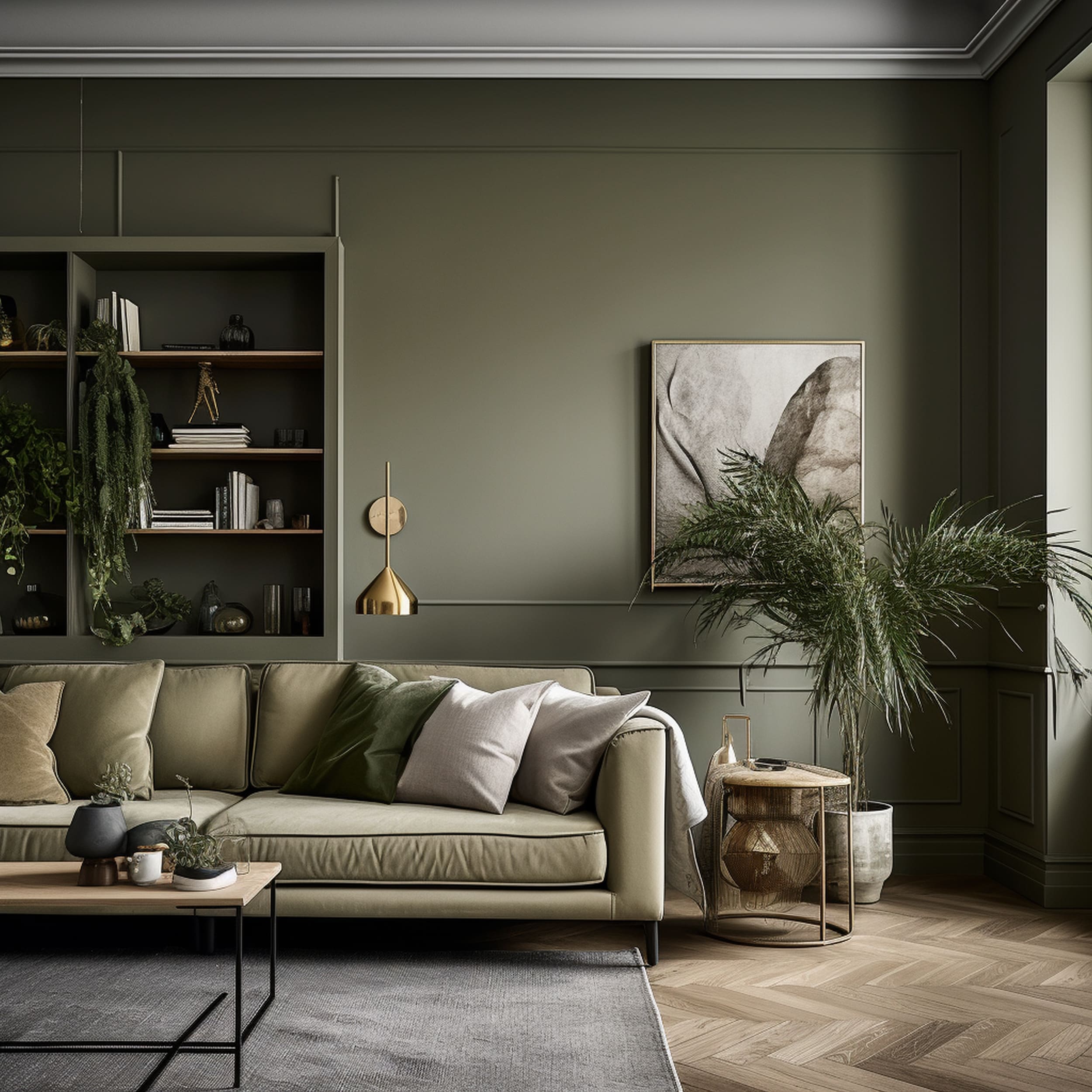 An Olive Green Living Room With Gray Area Rug and Painted Ceiling