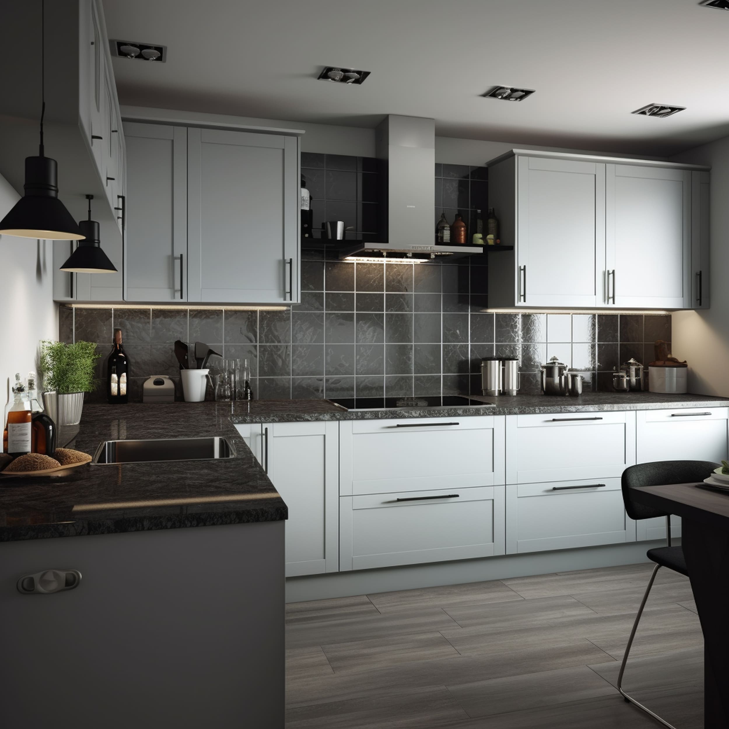 A Modern Kitchen With Black Countertops and Light Gray Cabinets