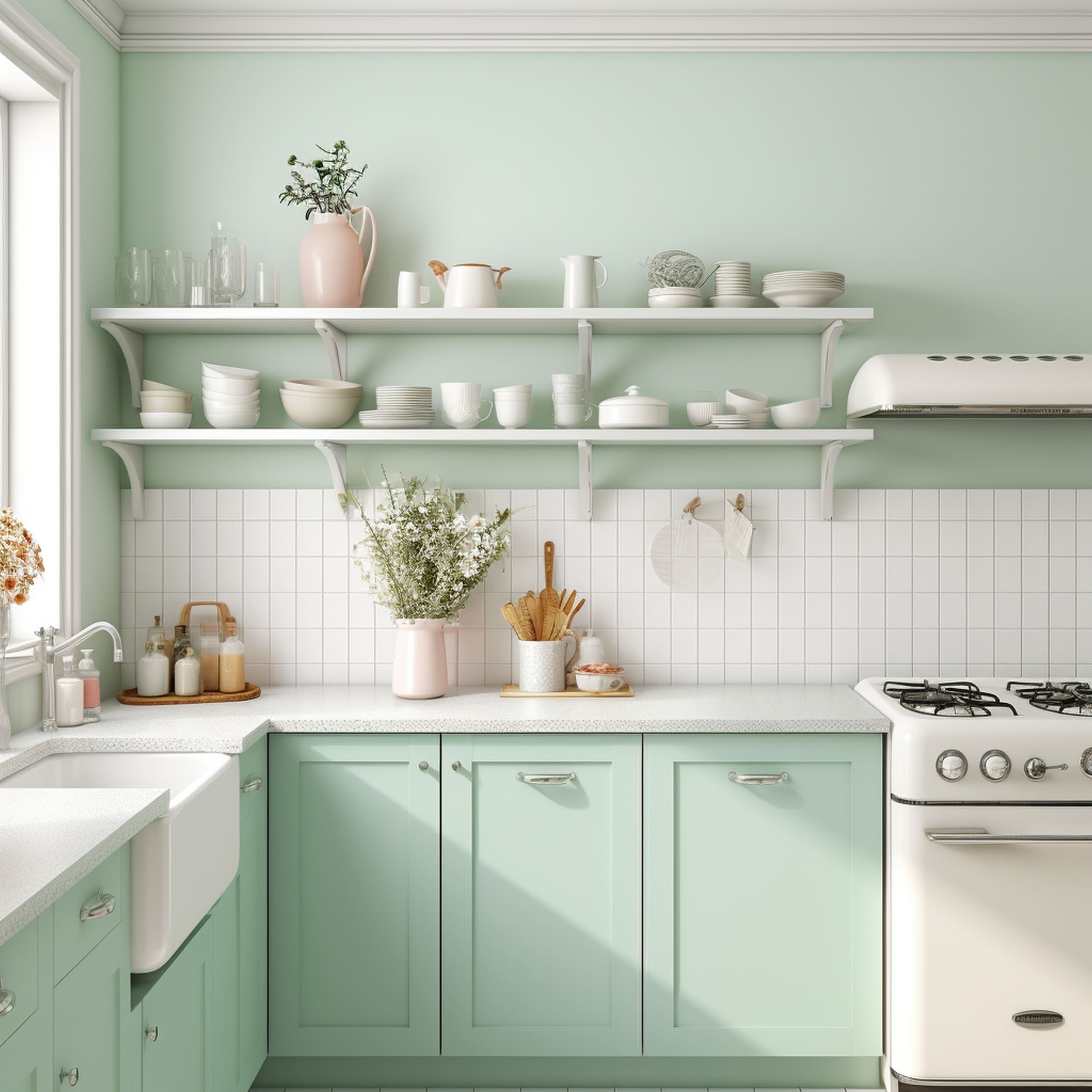A Retro Mint Green Kitchen With White Appliances