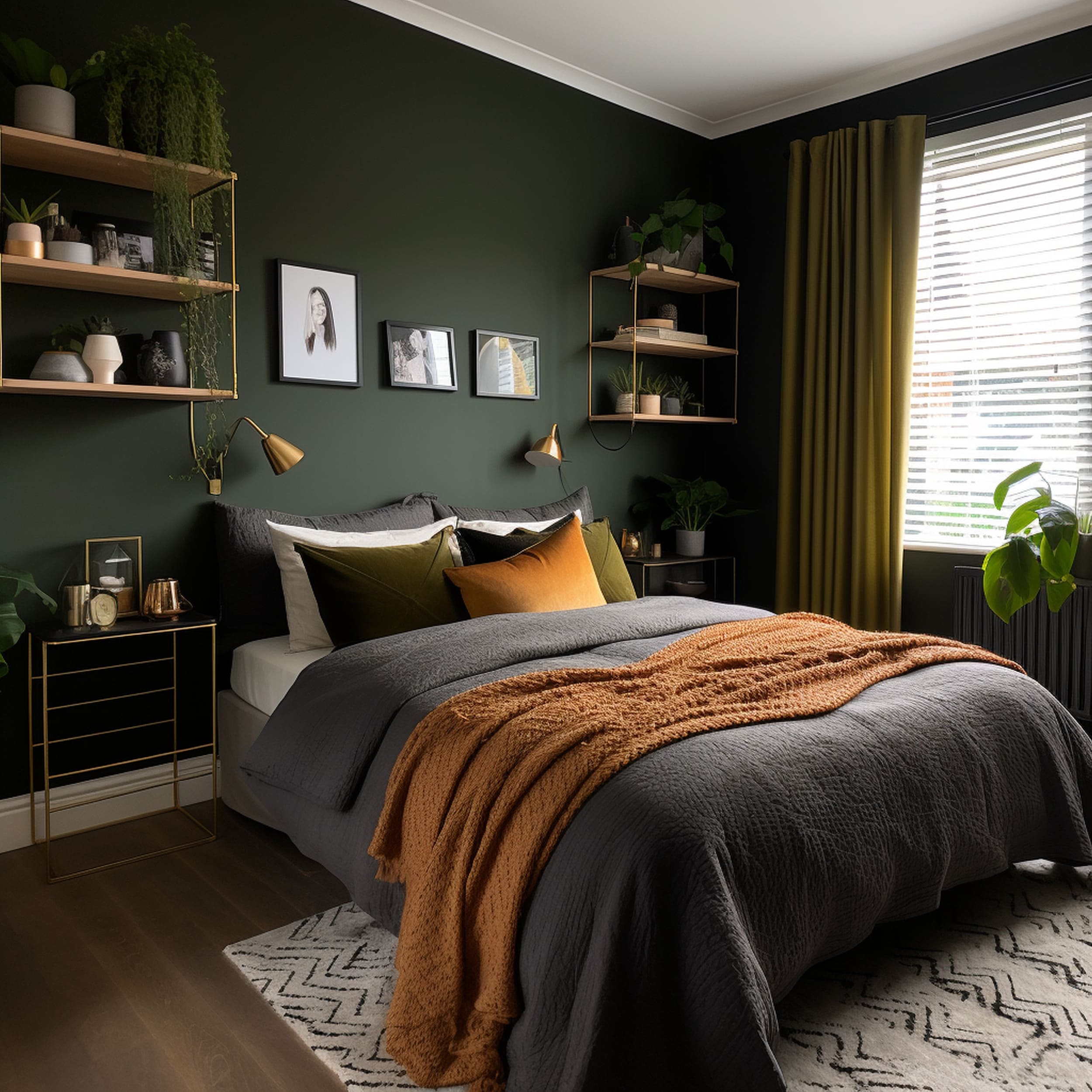 An Olive Green Bedroom With a Black Bed and Accent Wall