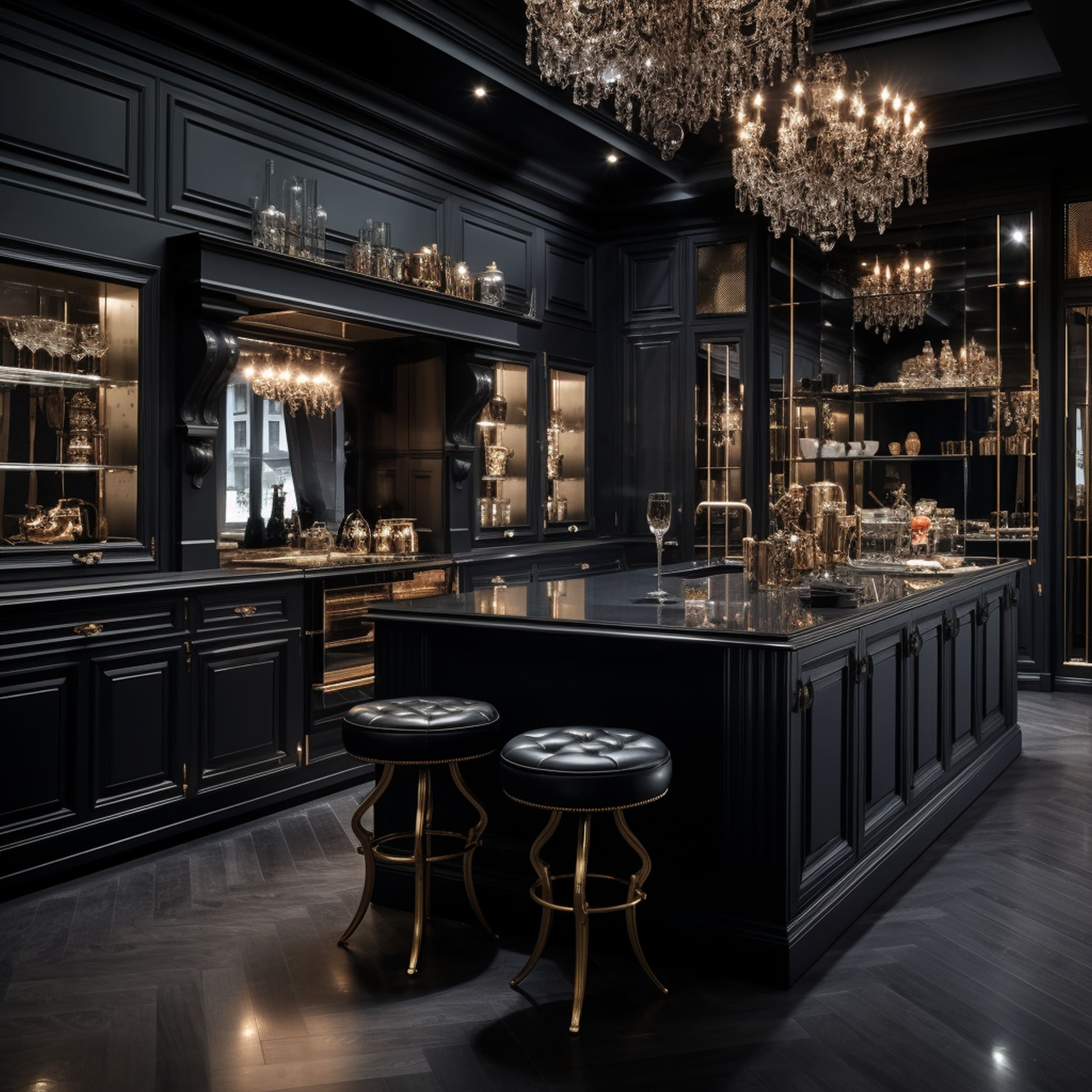 A Luxurious Kitchen With Black Countertops and Matching Cabinets