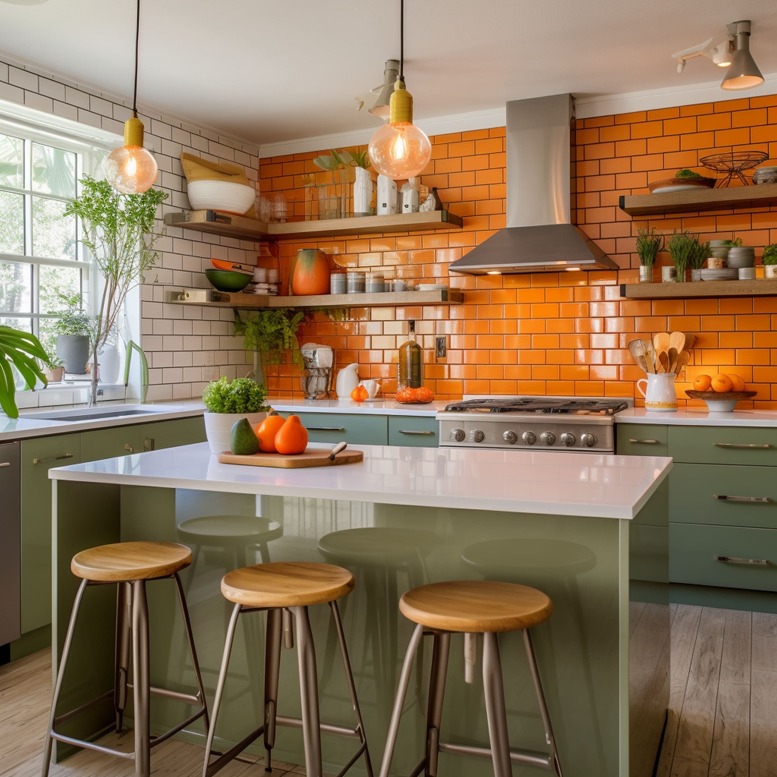 An Olive Green Eclectic Kitchen With an Orange Backsplash
