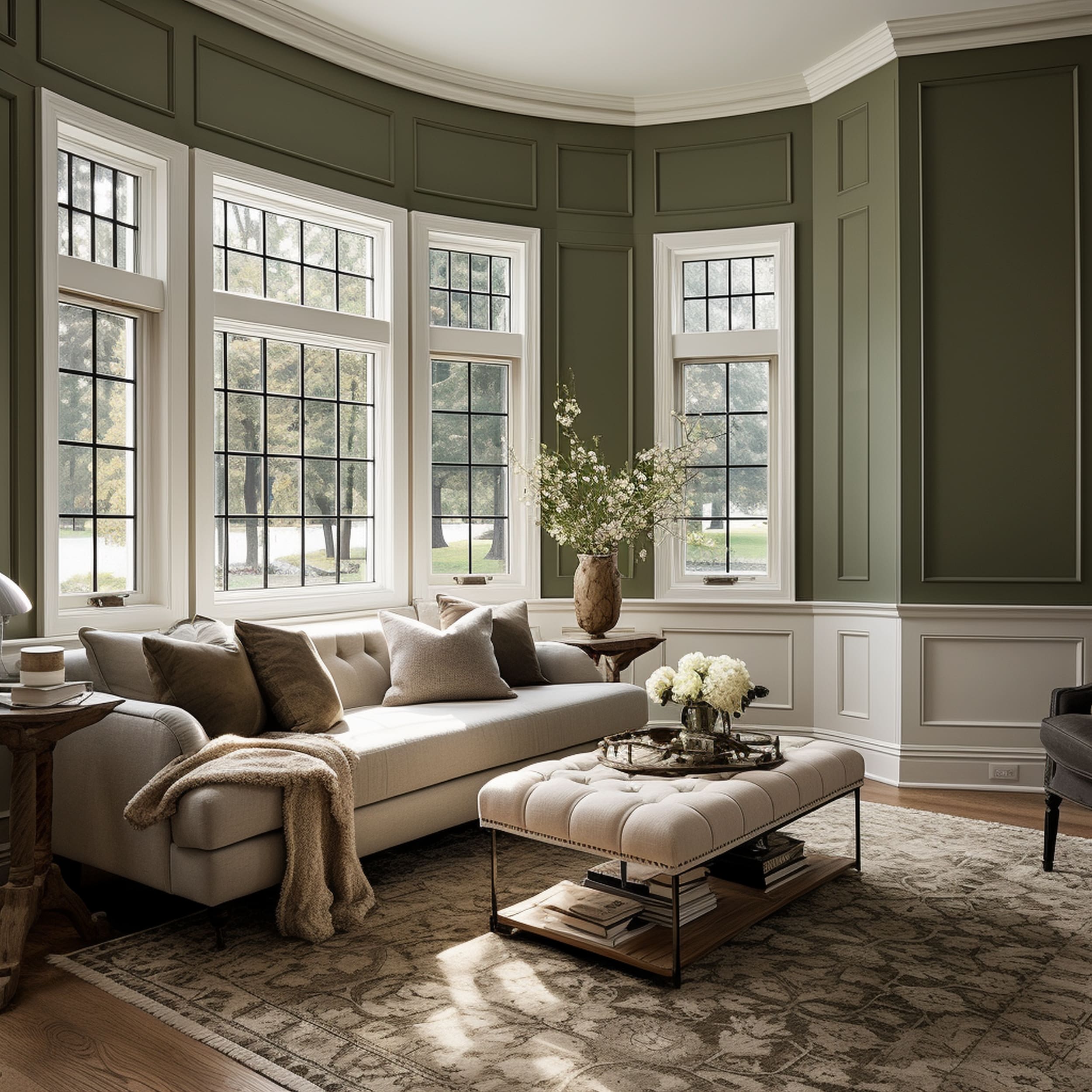 An Olive Green Living Room With White Wainscoting and Bay Windows