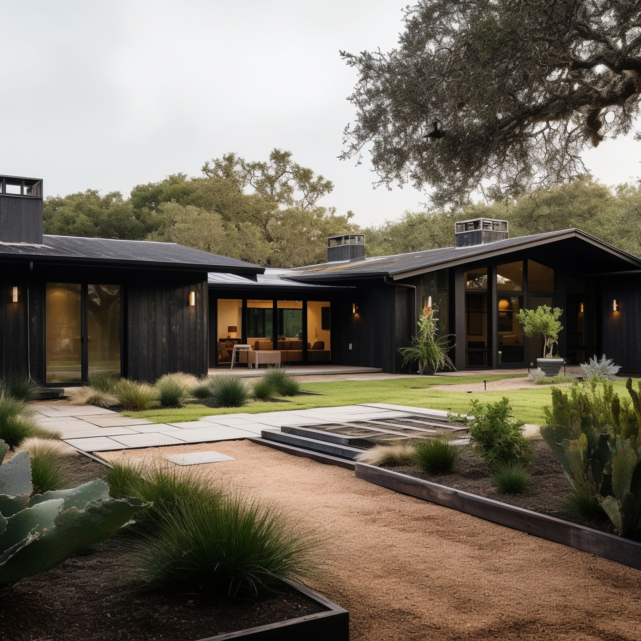 Modern Black Ranch House With Exotic Plants