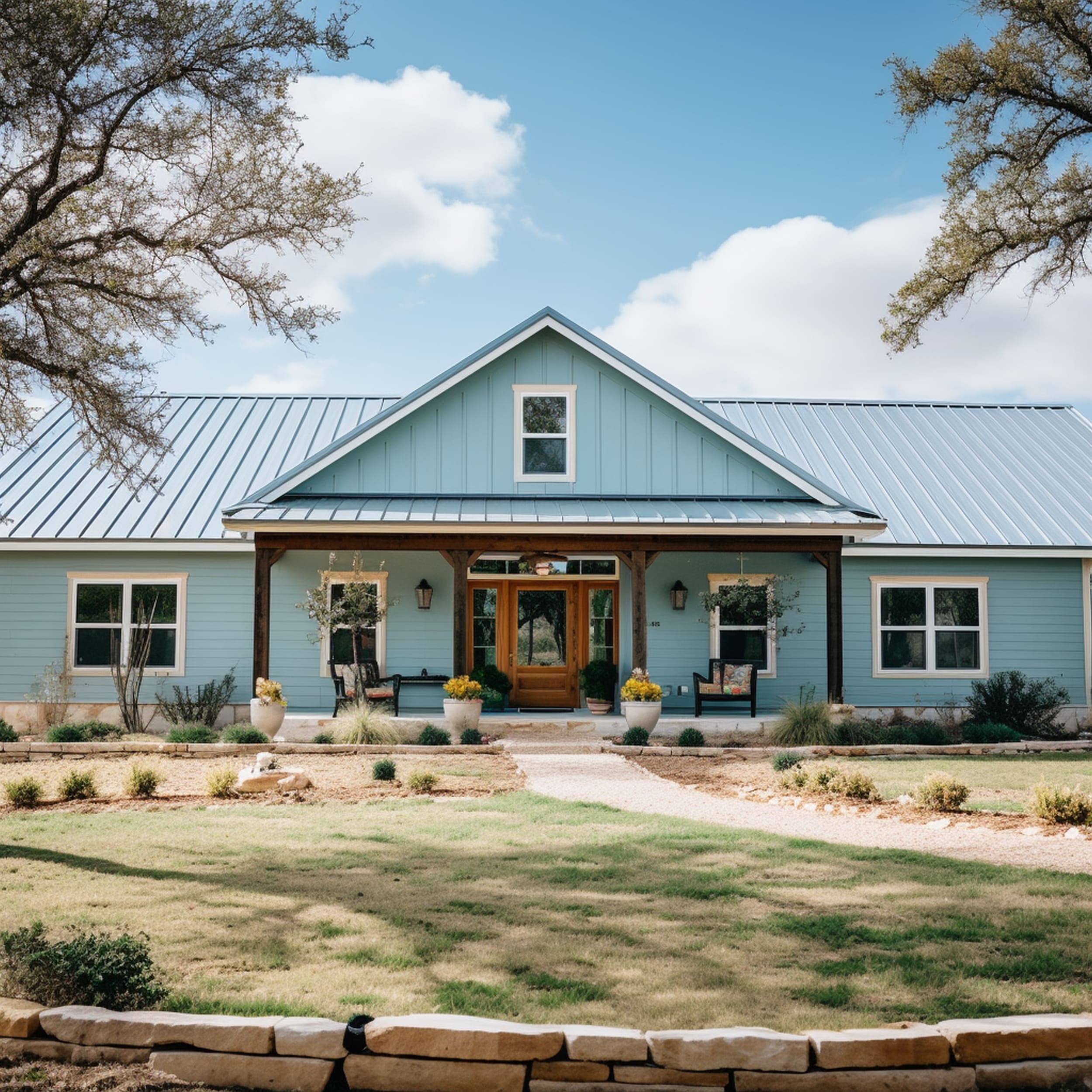 Light Blue Ranch House With a Wooden Front Door