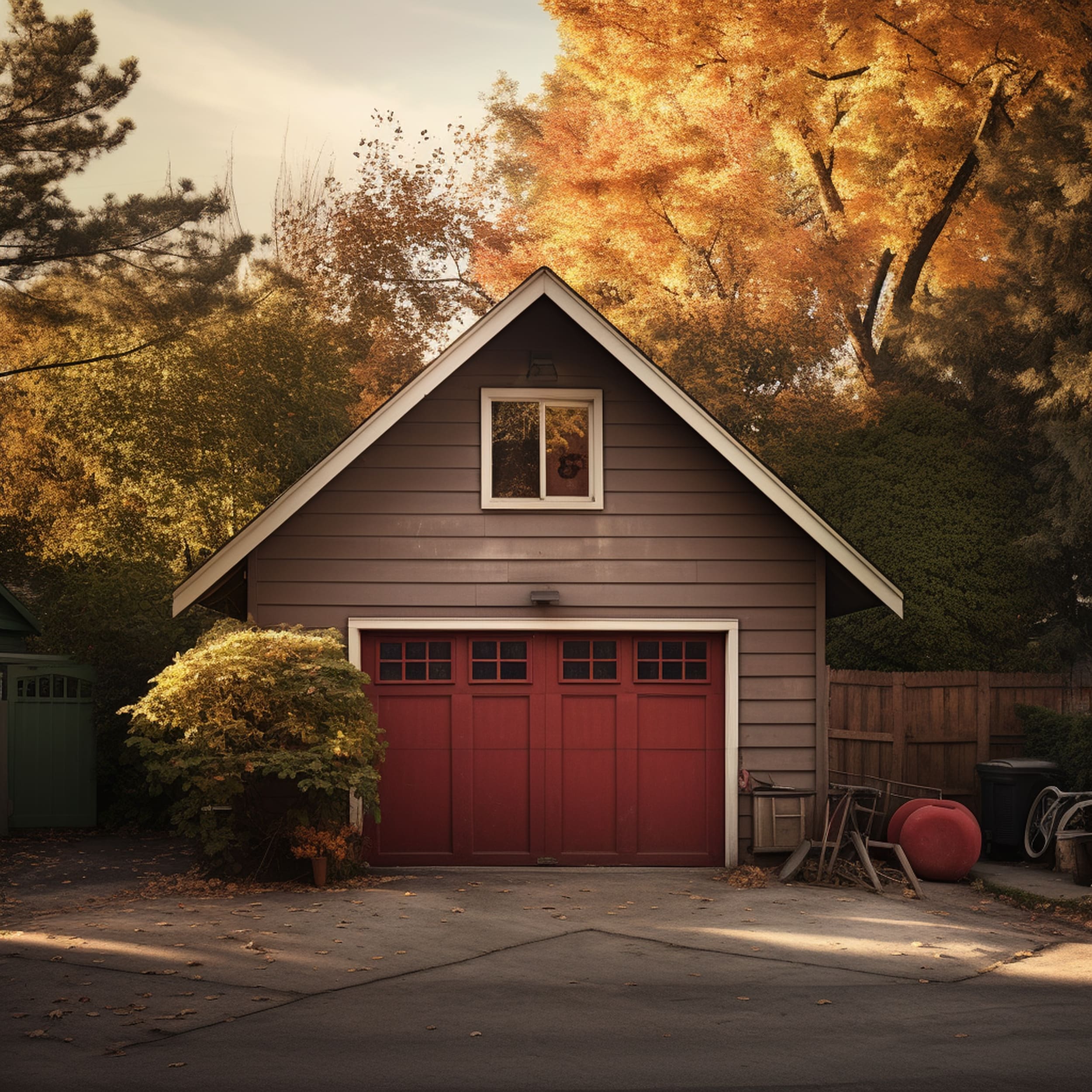 A Detached Garage With a Red Door