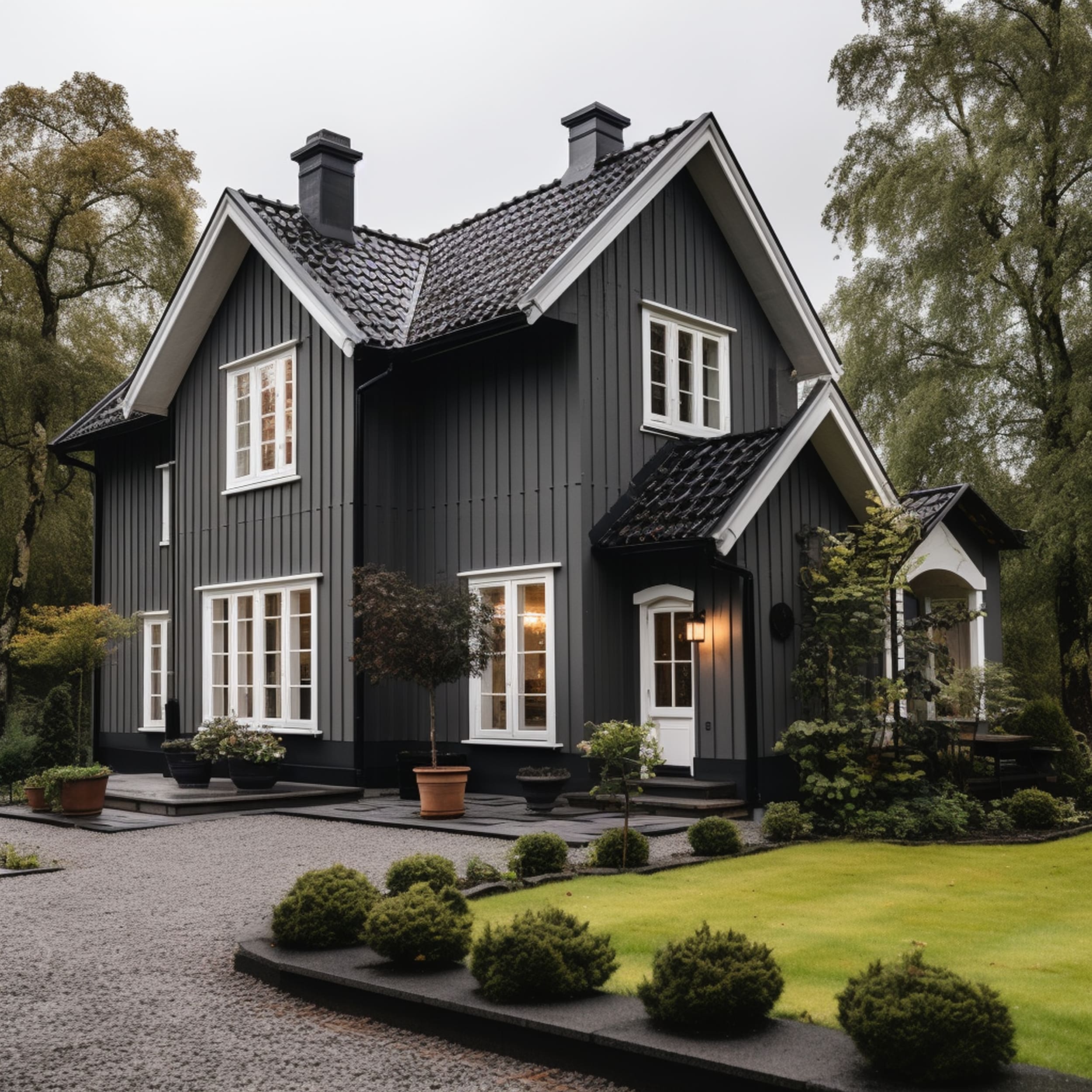 A Gray House With a Black Roof
