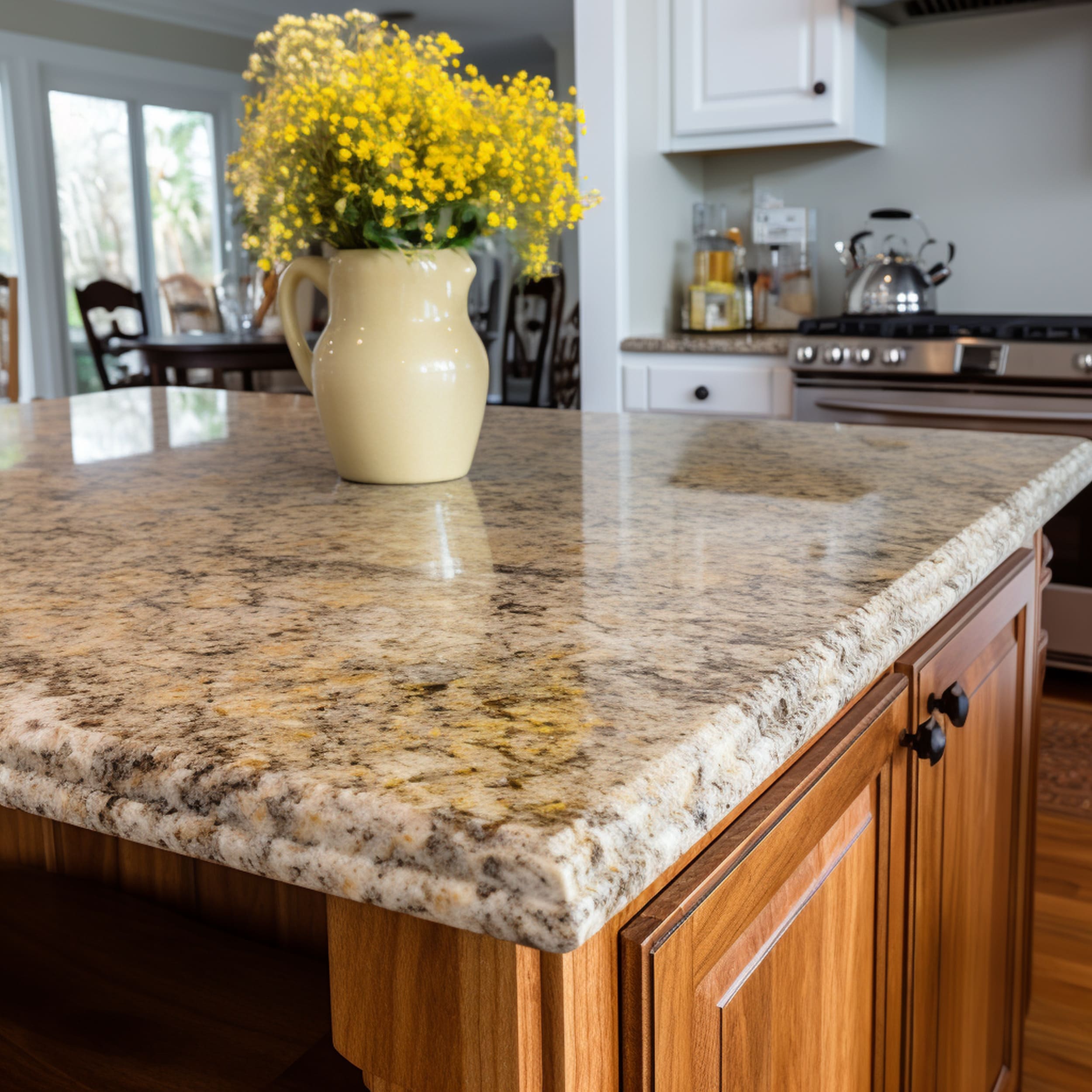 A Kitchen Island With Santa Cecilia Granite and Vase of Yellow Flowers