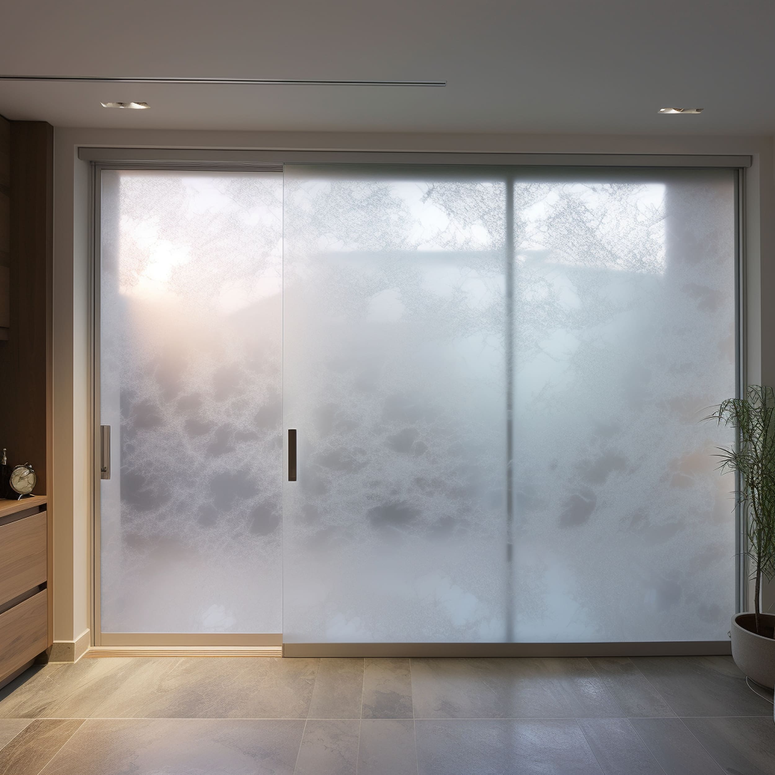 A Sliding Glass Door With a Frosted Covering
