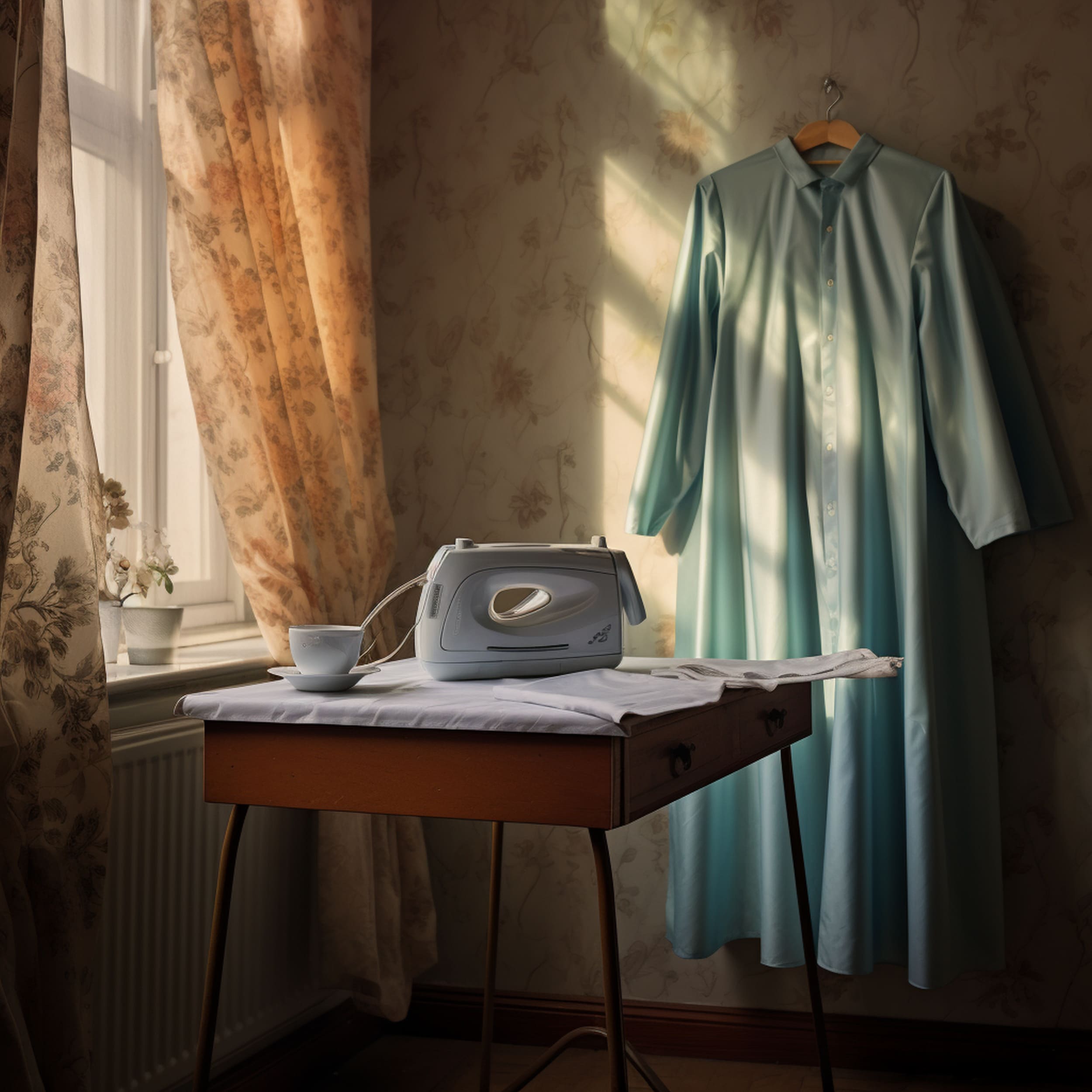 A Classic Small Ironing Table With a Clothes Iron