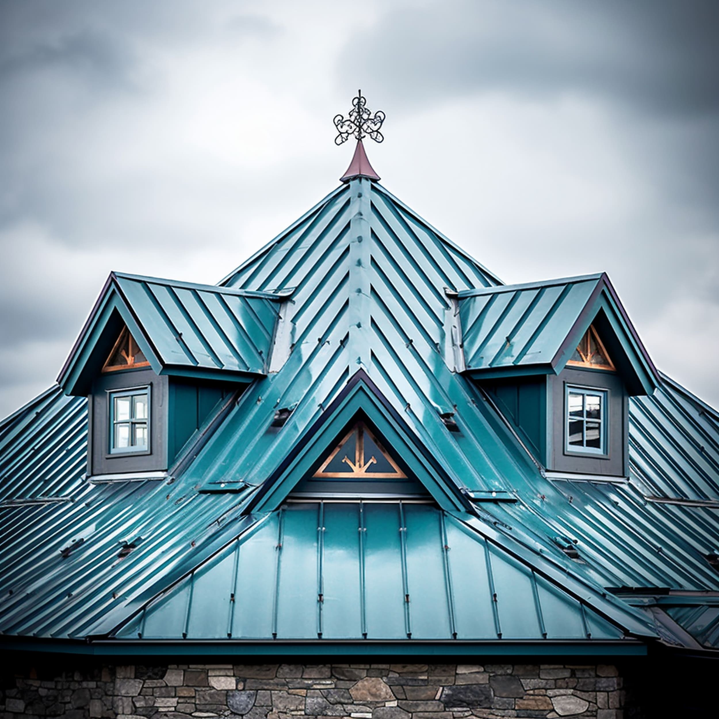 A Gray House With a Blue Metal Roof