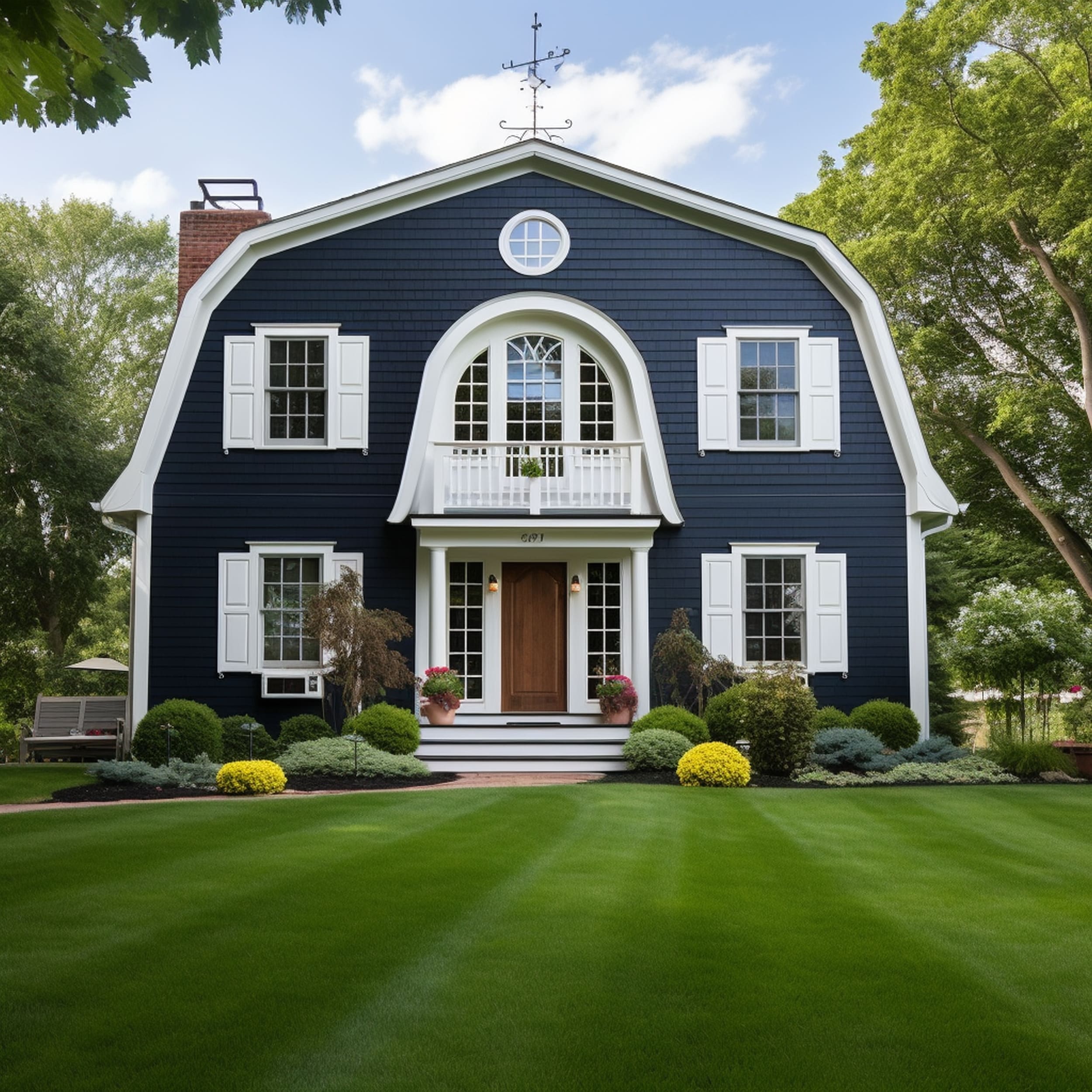 A House With a Gambrel Roof And Navy Blue Siding