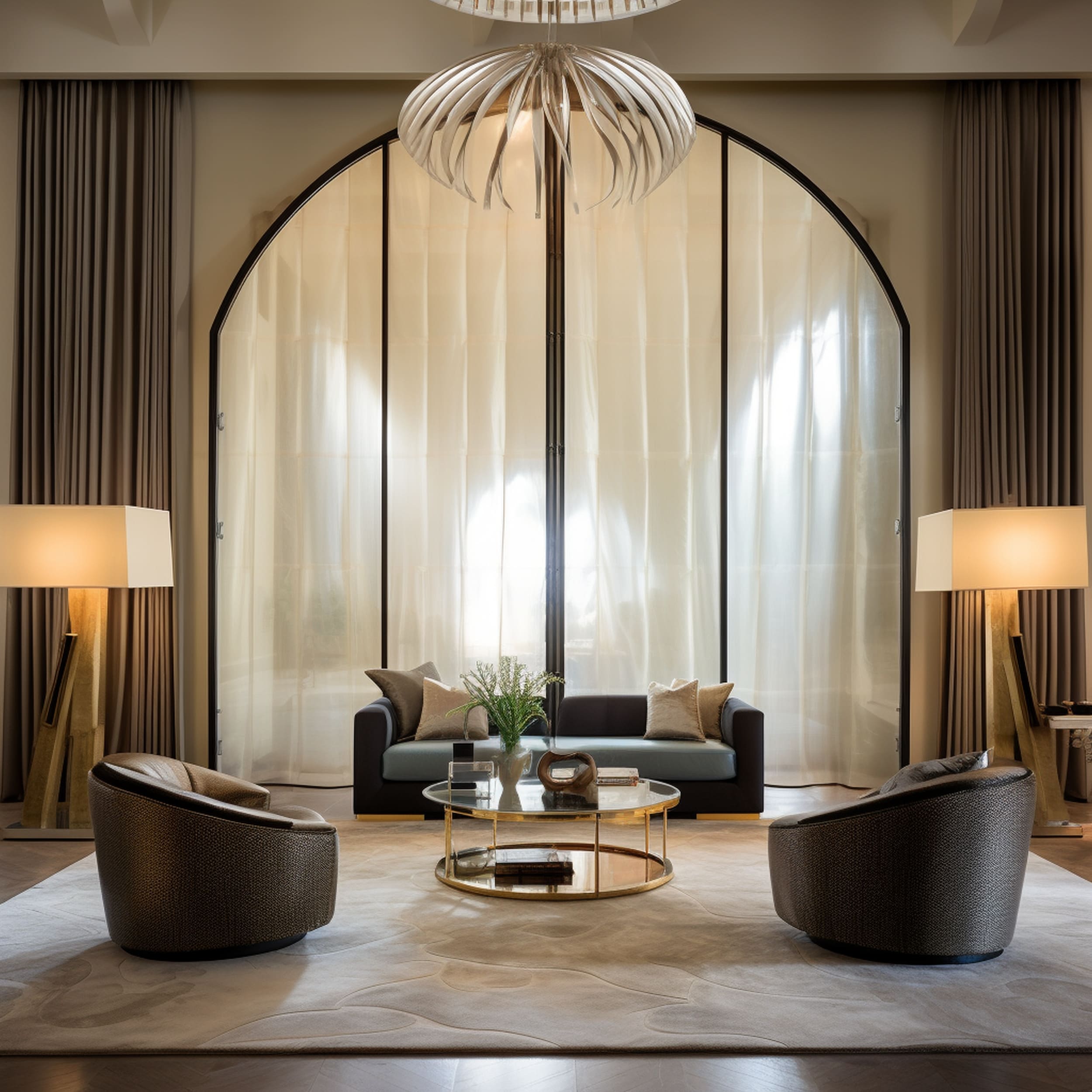 A Large Set of Arched Glass Doors With Curtains