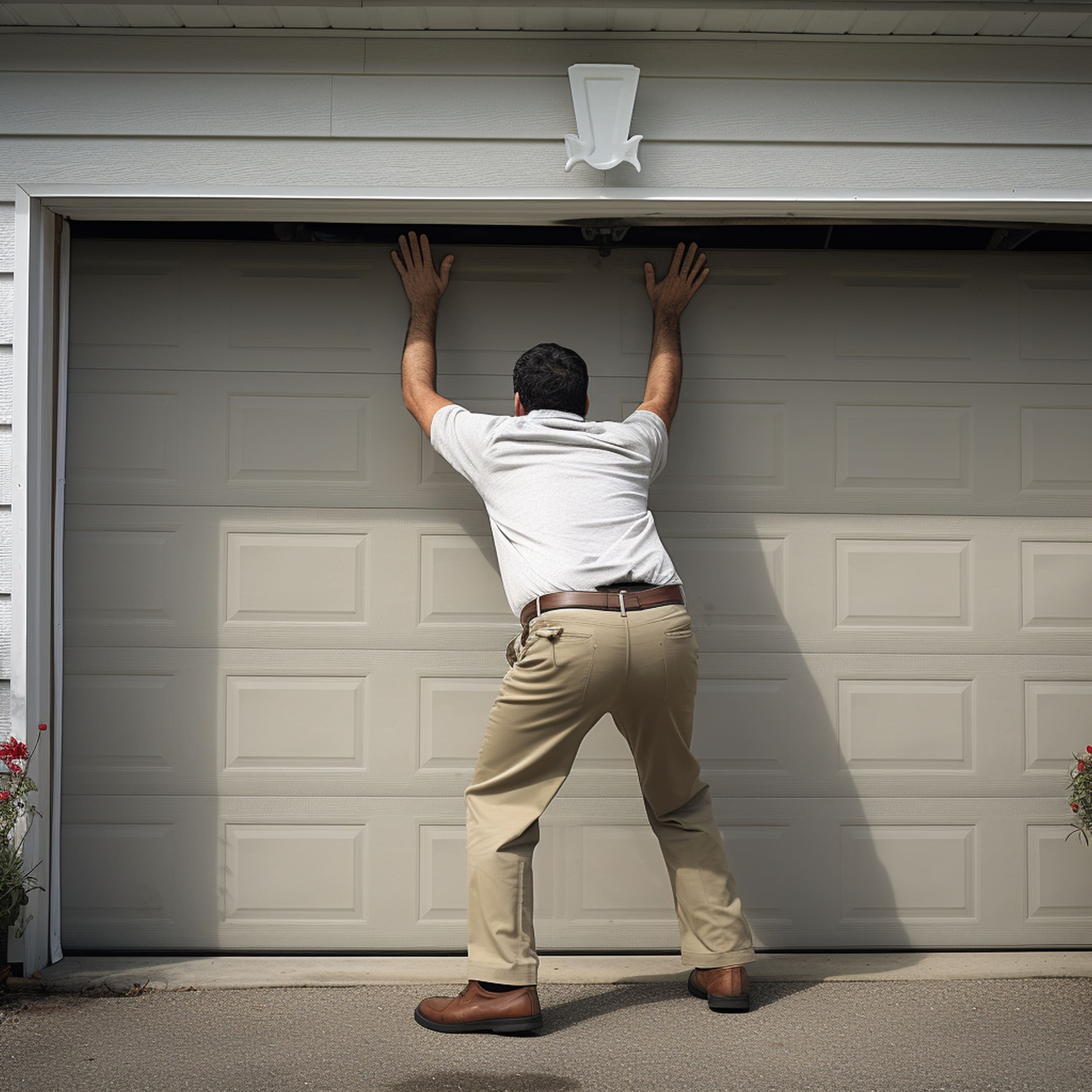 A Man Trying to Open a Damaged Garage Door By Hand