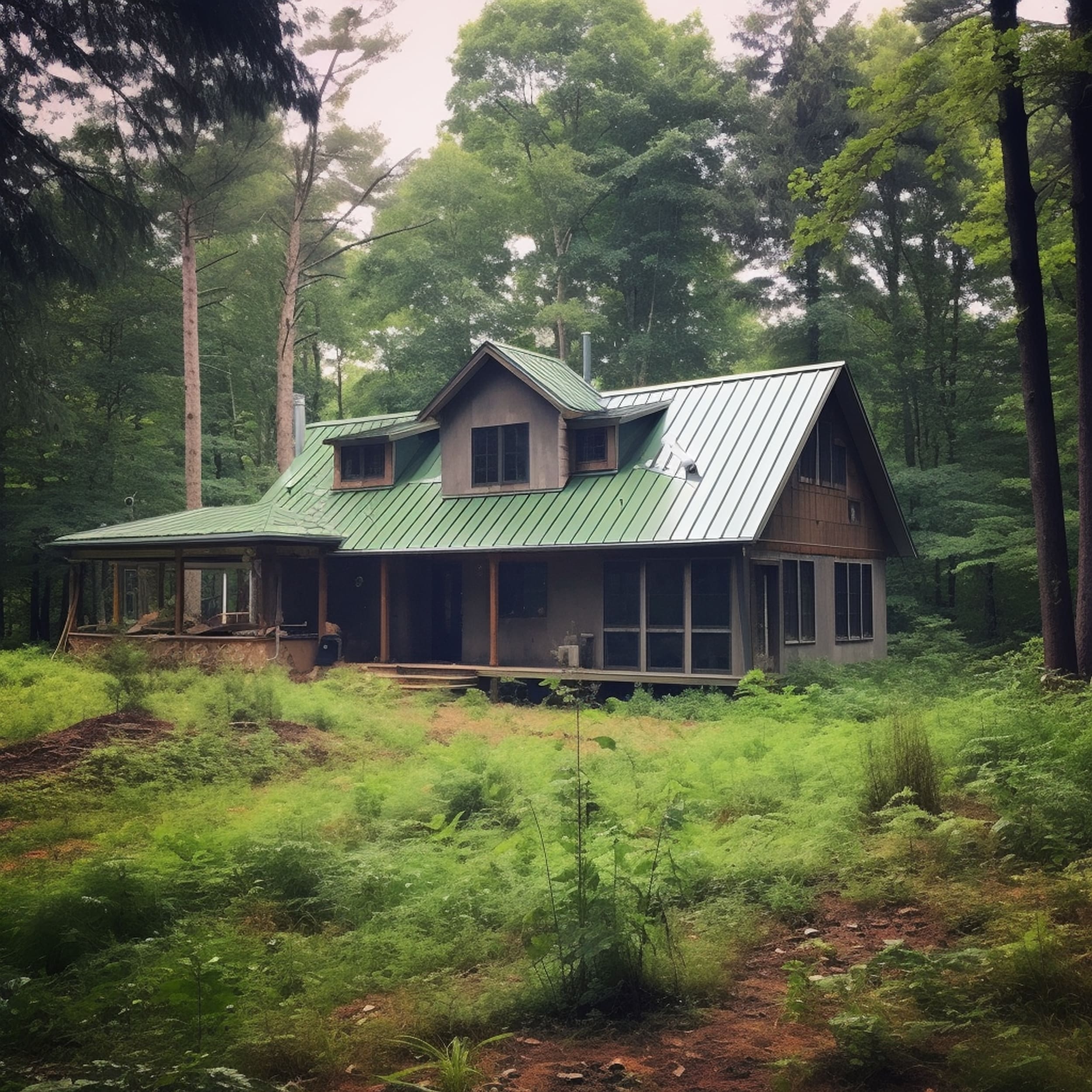 A Gray House With a Green Roof