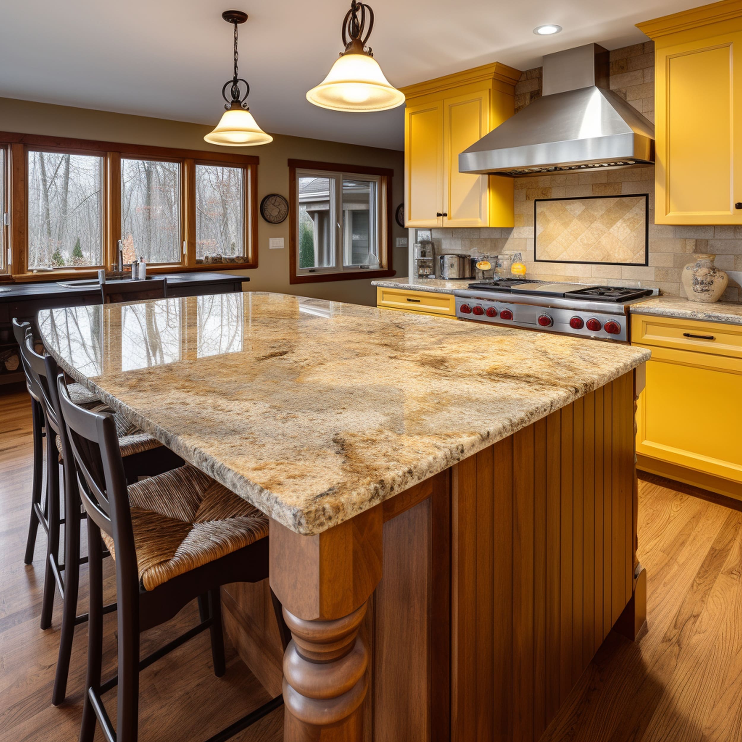 A Kitchen Island With Santa Cecilia Granite and Brown Bar Stools
