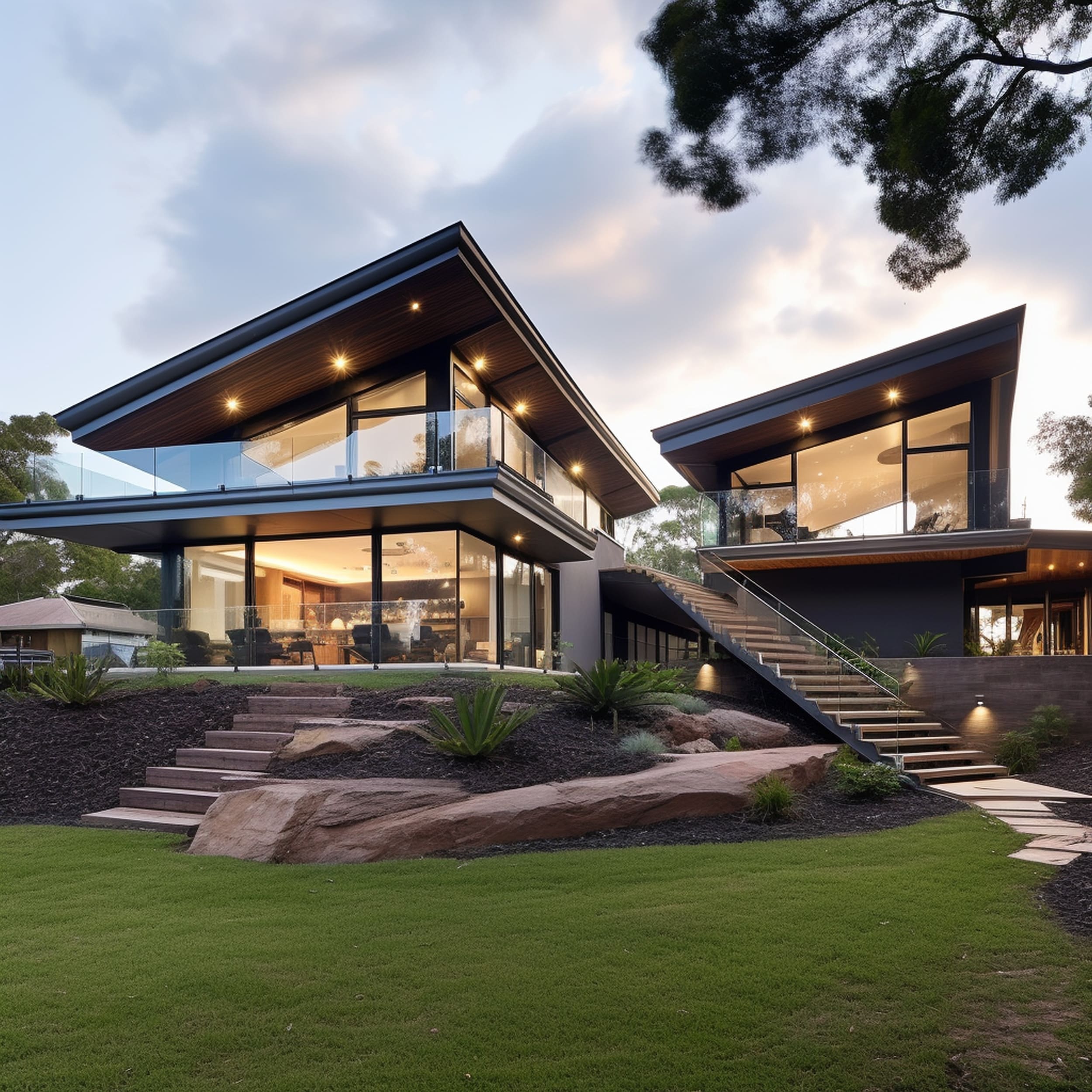 A Modern House With a Shed Roof and Courtyard Staircase