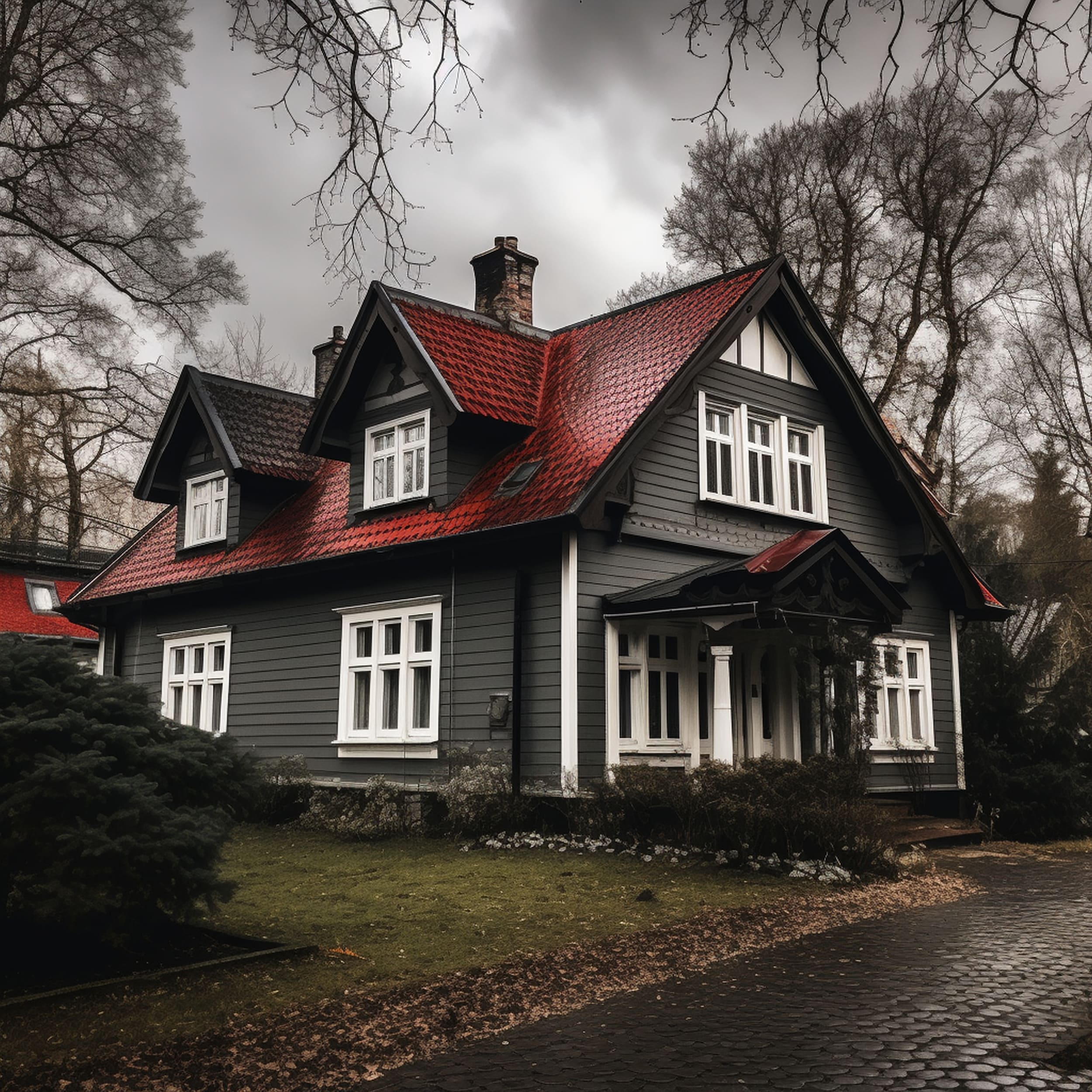A Gray House With a Red Roof