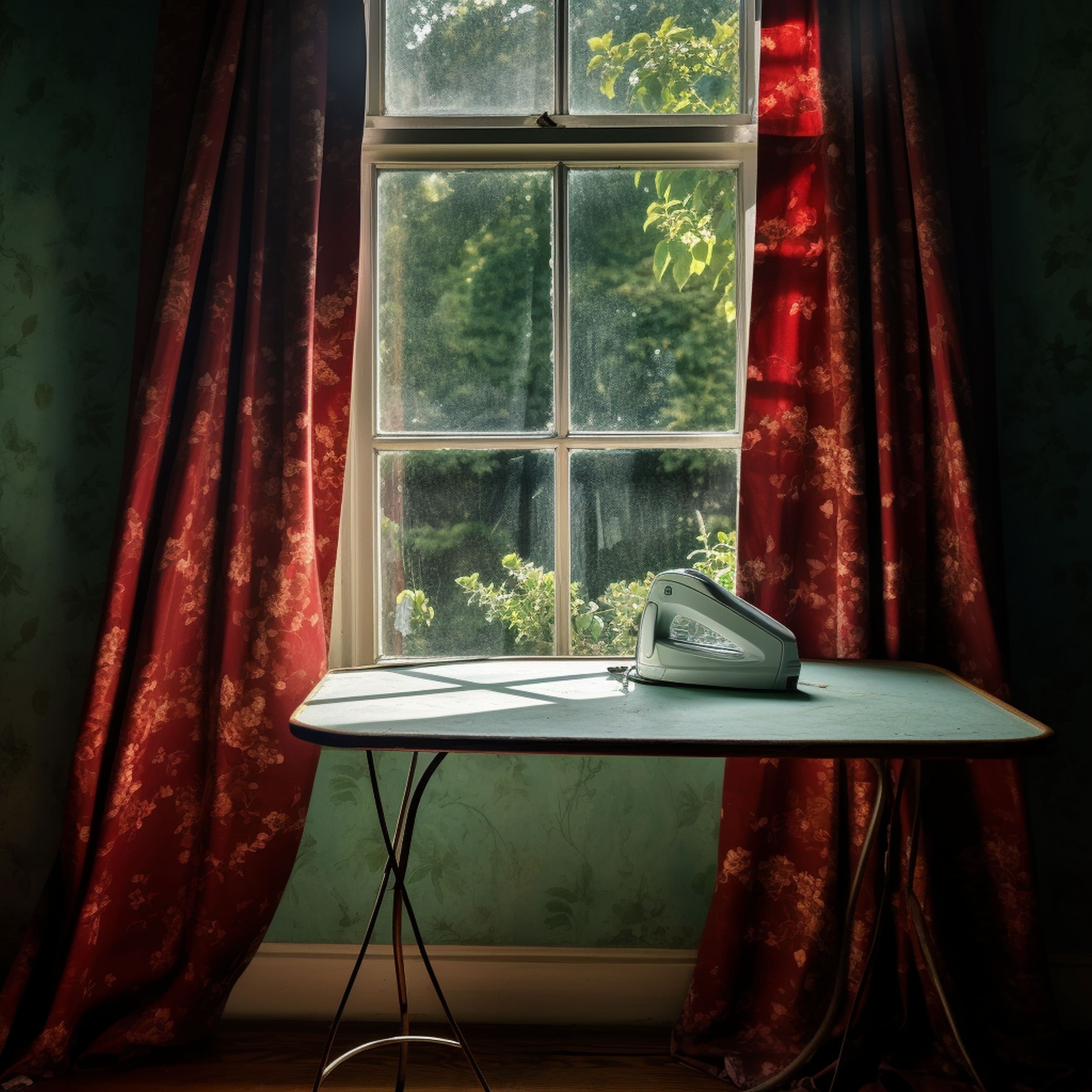 An Ironing Board With a Clothes Iron in a Green Room